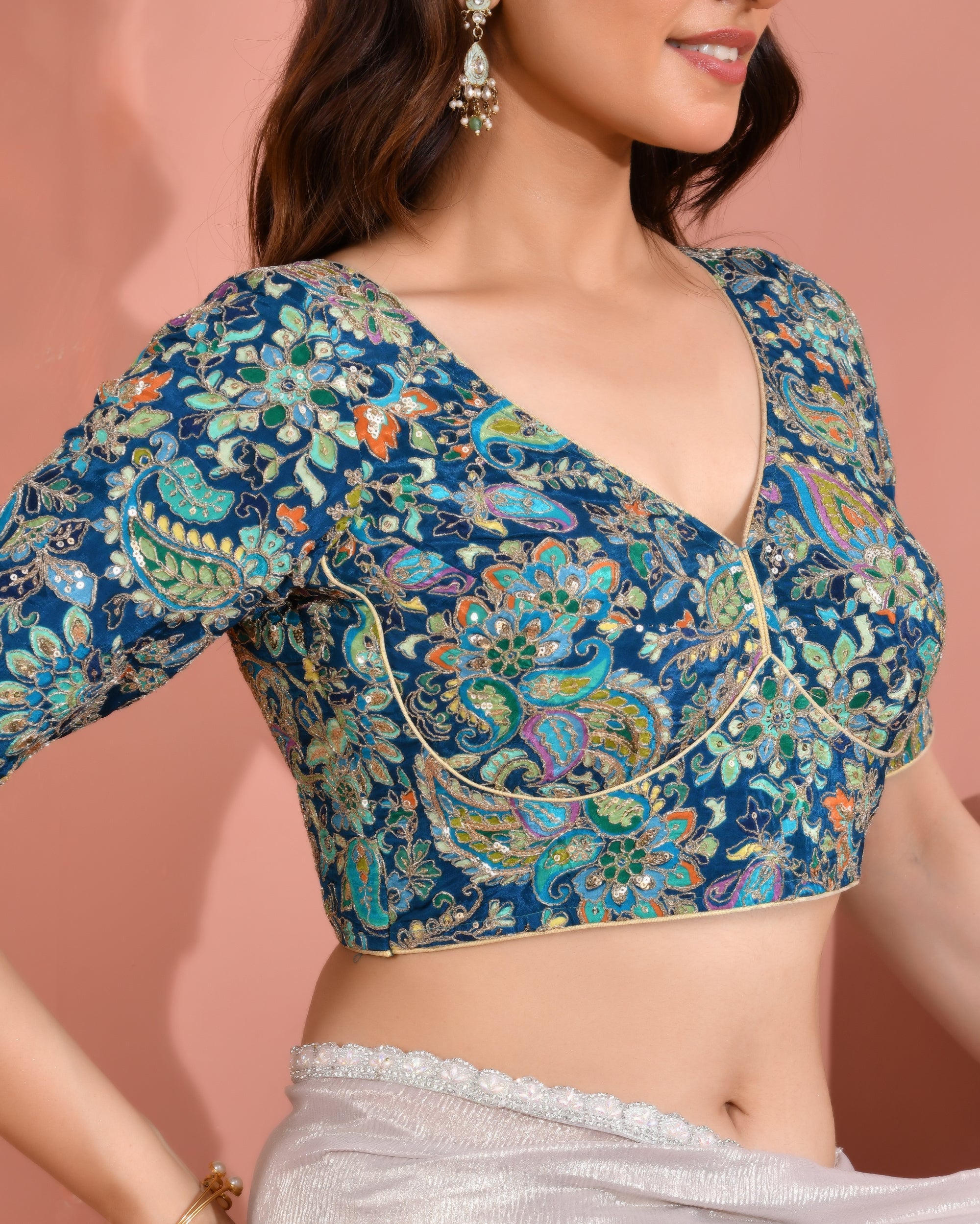 Position Print Embroidered Sabyasachi Style Teal Blouse