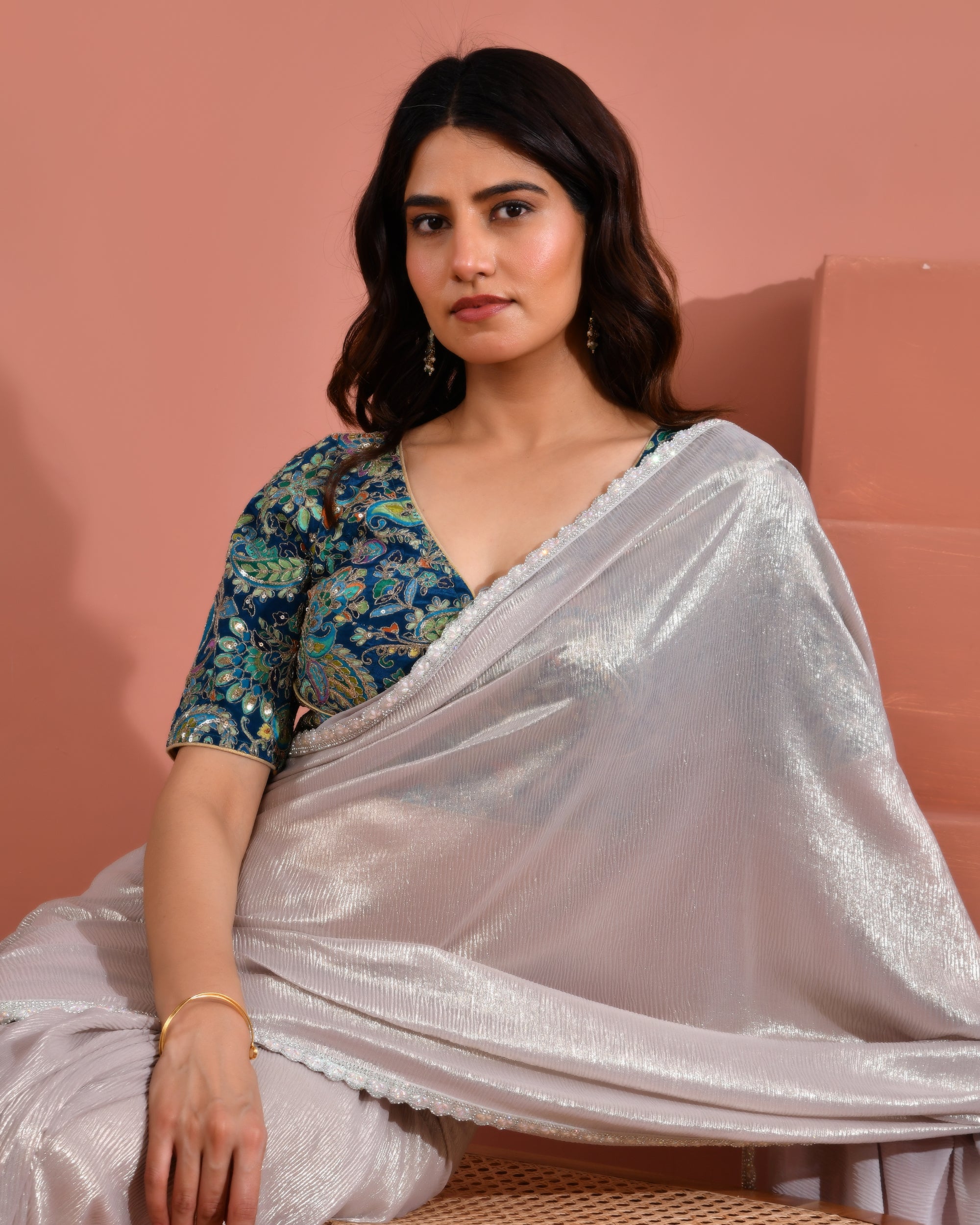 Position Print Embroidered Sabyasachi Style Teal Blouse