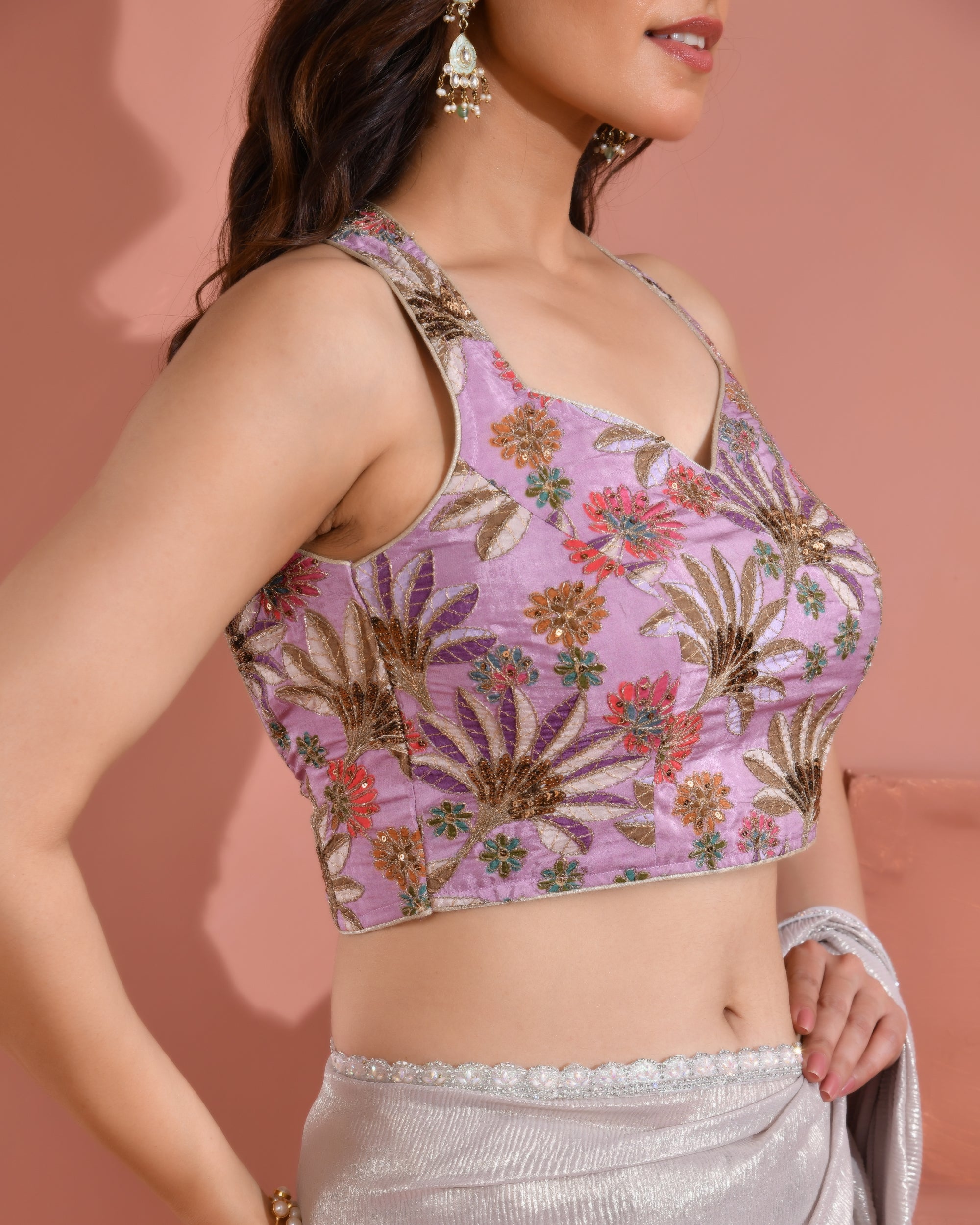 Position Print Sequined Embellished Halter Neck Lavender Blouse