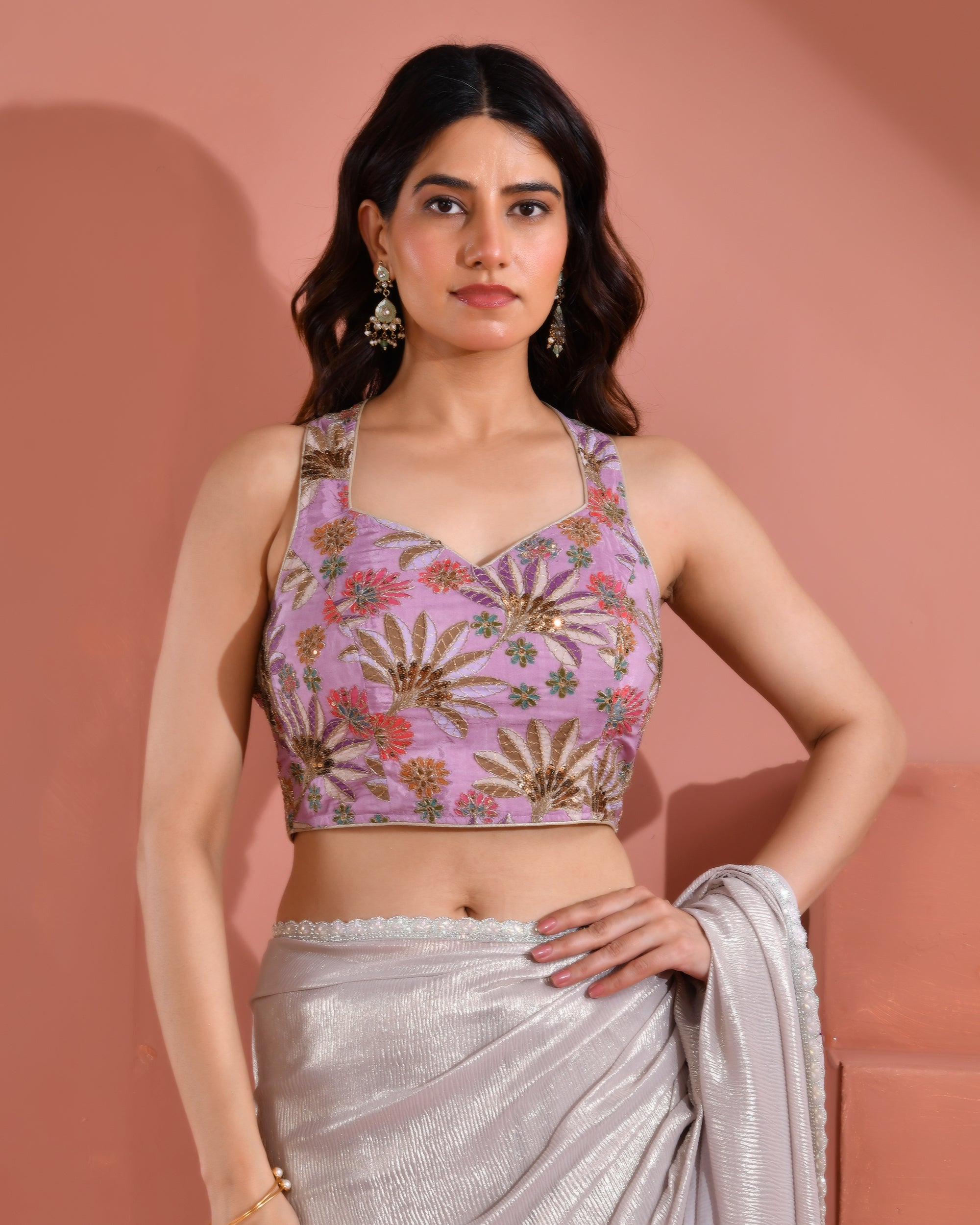 Position Print Sequined Embellished Halter Neck Lavender Blouse