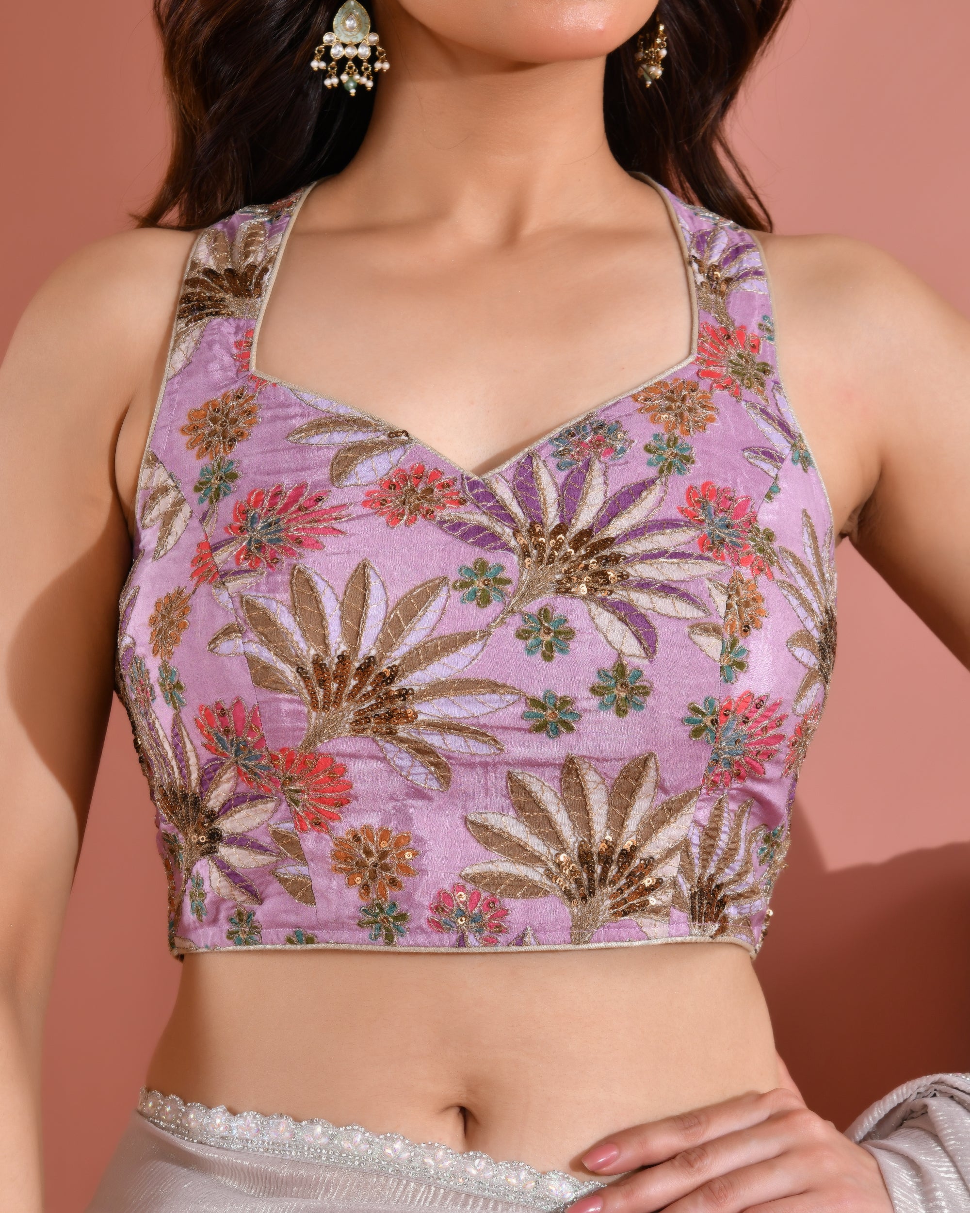 Position Print Sequined Embellished Halter Neck Lavender Blouse