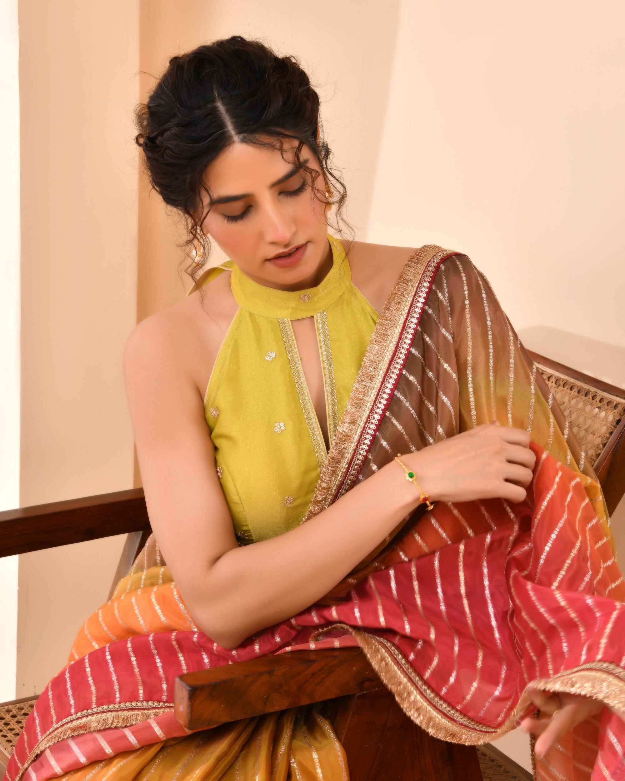 Lime Green Embroidered Key Hole Neck Tissue Blouse