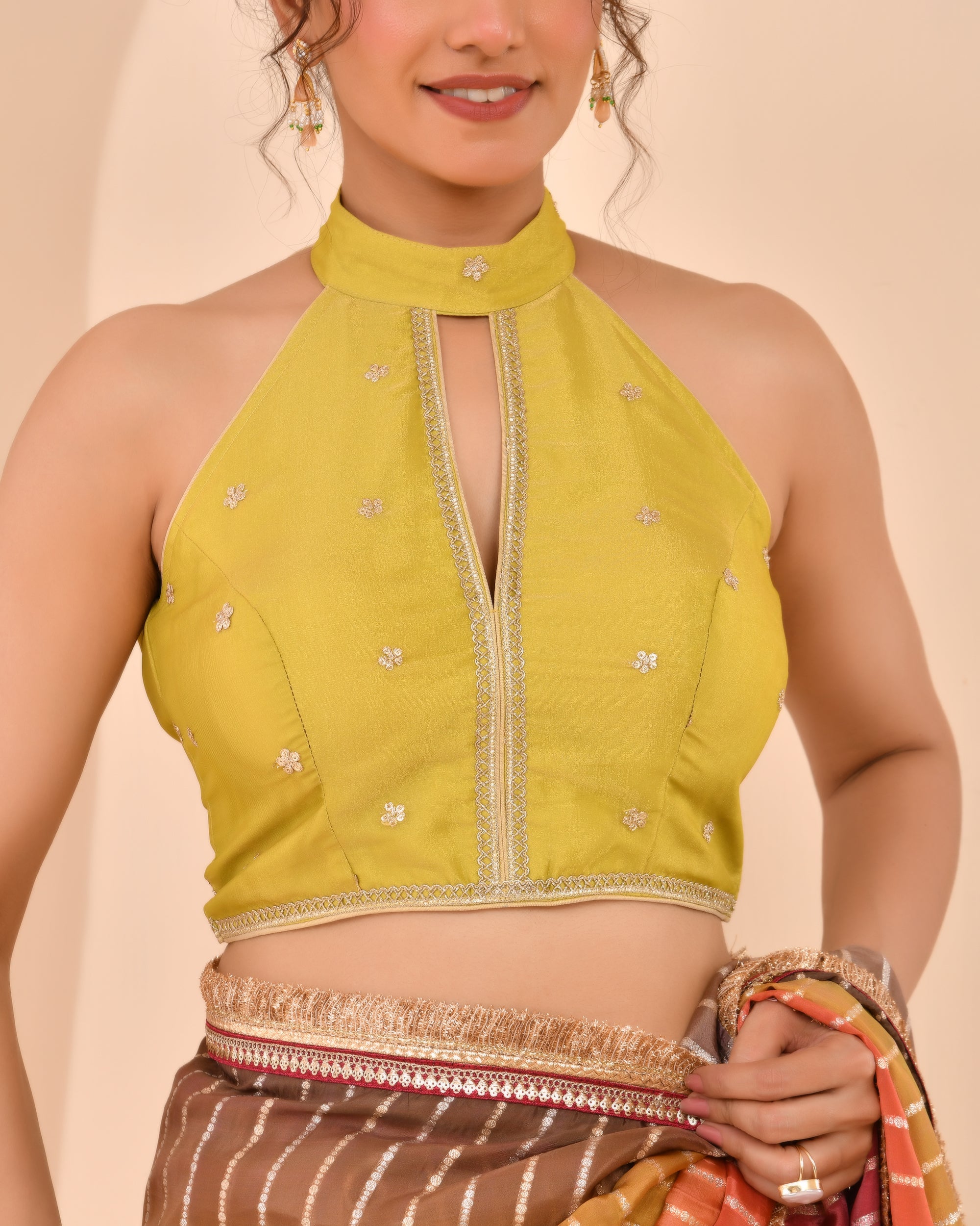 Lime Green Embroidered Key Hole Neck Tissue Blouse