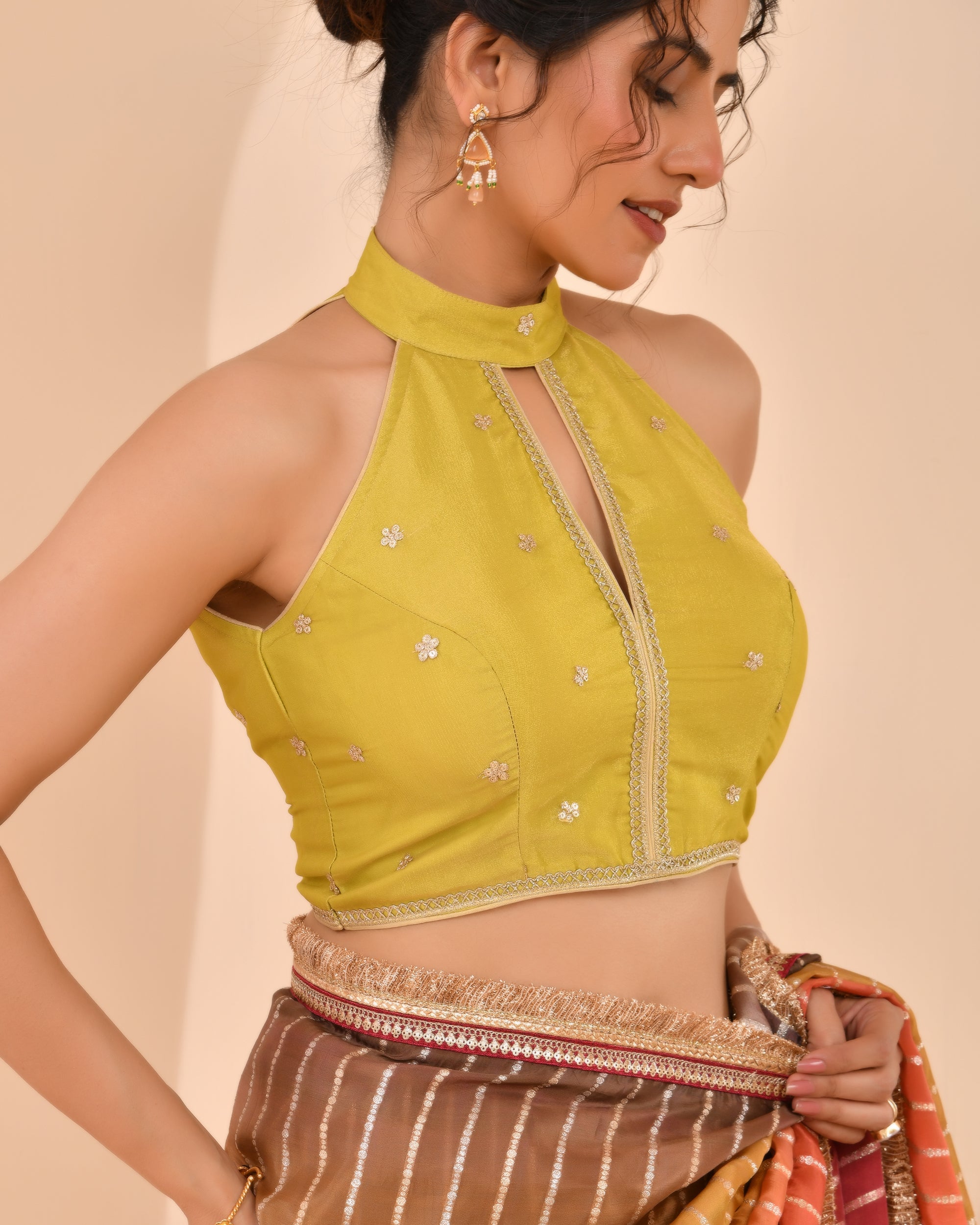 Lime Green Embroidered Key Hole Neck Tissue Blouse