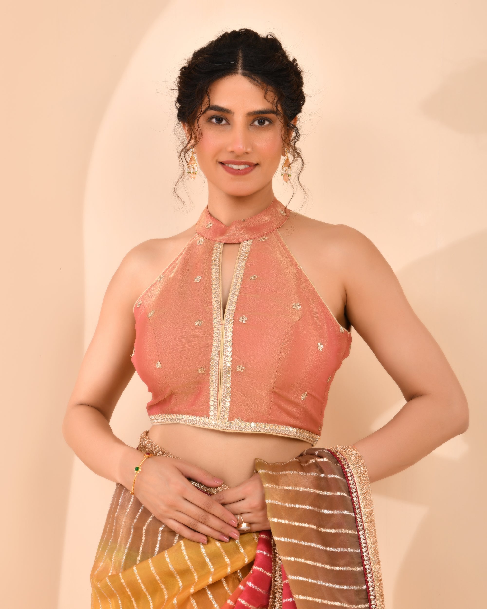 Pastel Maroon Embroidered Key Hole Neck Tissue Blouse