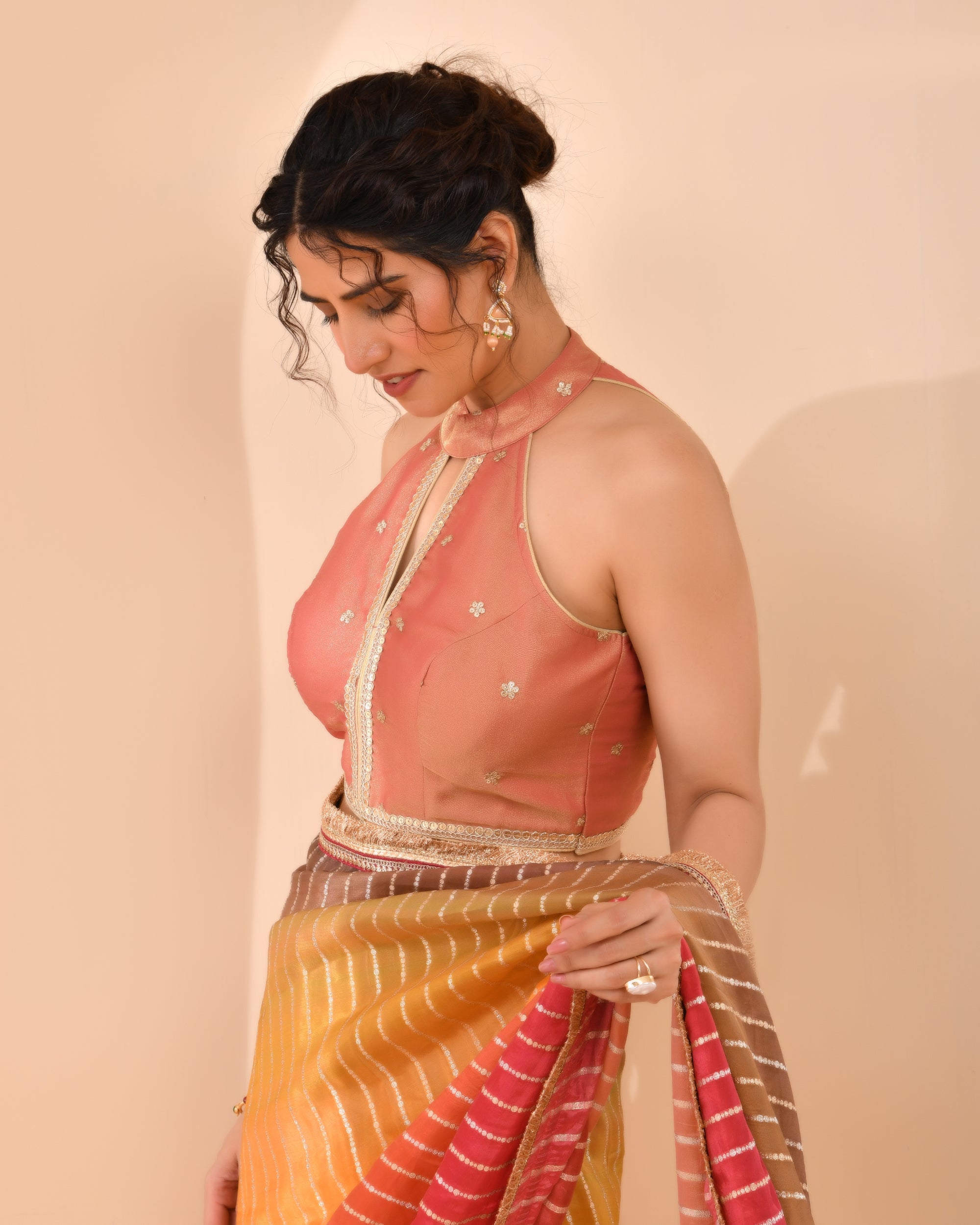 Pastel Maroon Embroidered Key Hole Neck Tissue Blouse