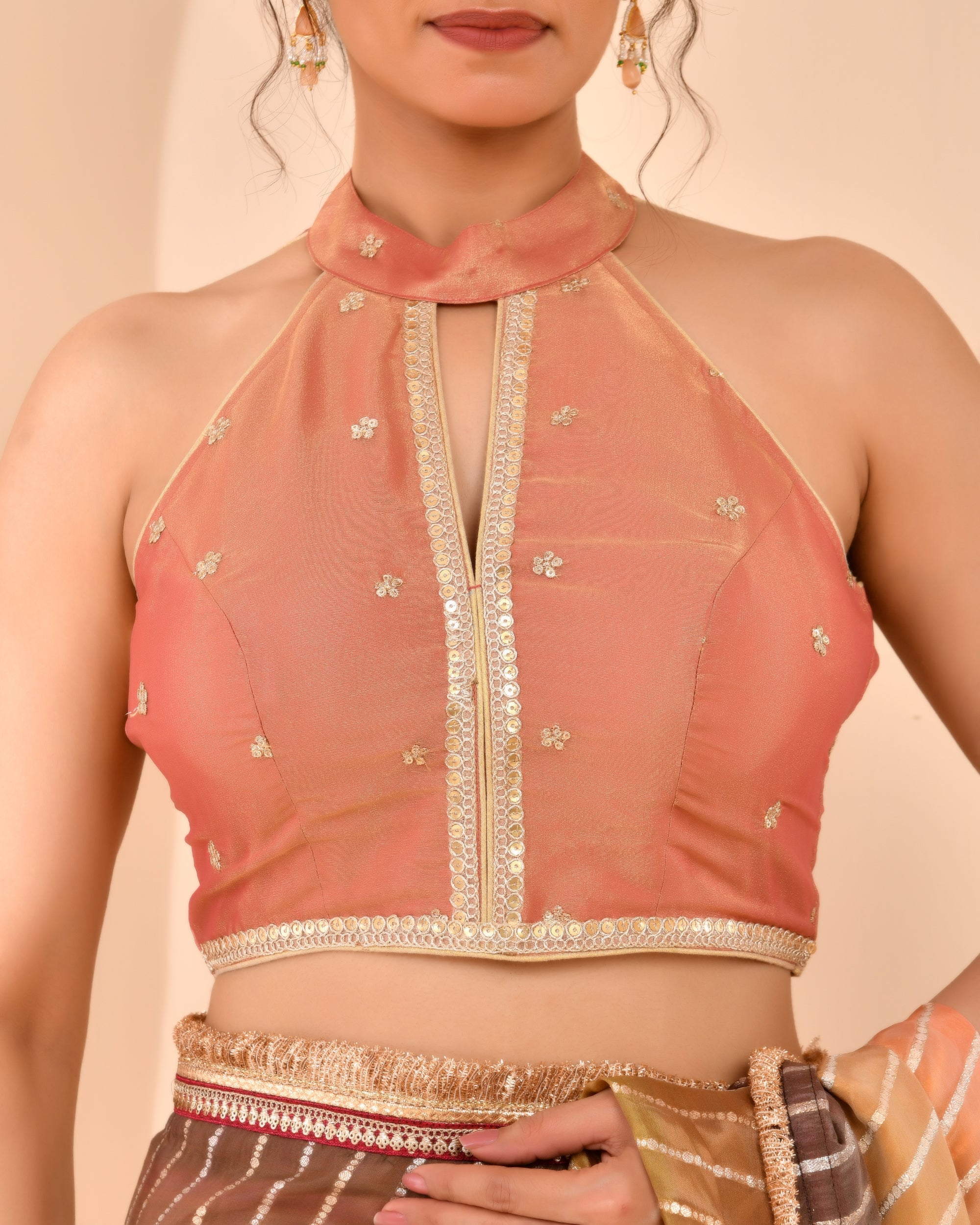 Pastel Maroon Embroidered Key Hole Neck Tissue Blouse