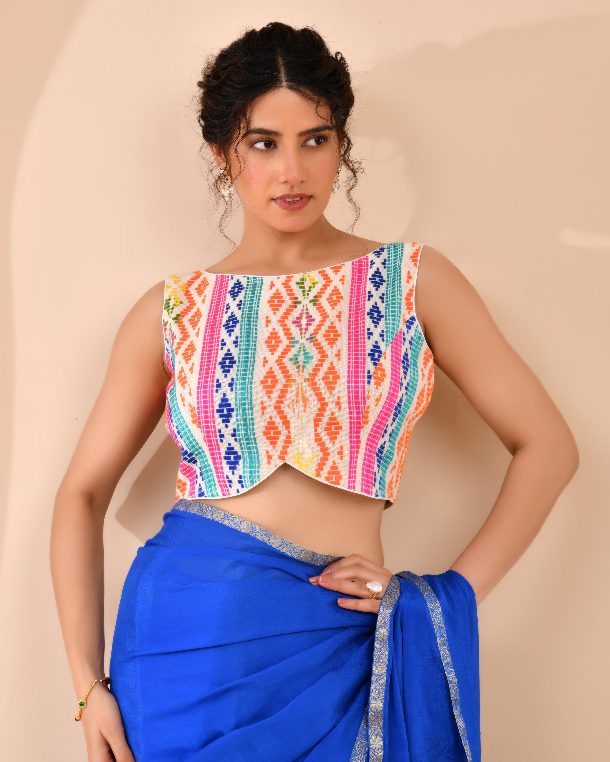 White Multicoloured Boat Neck Jacquard Blouse