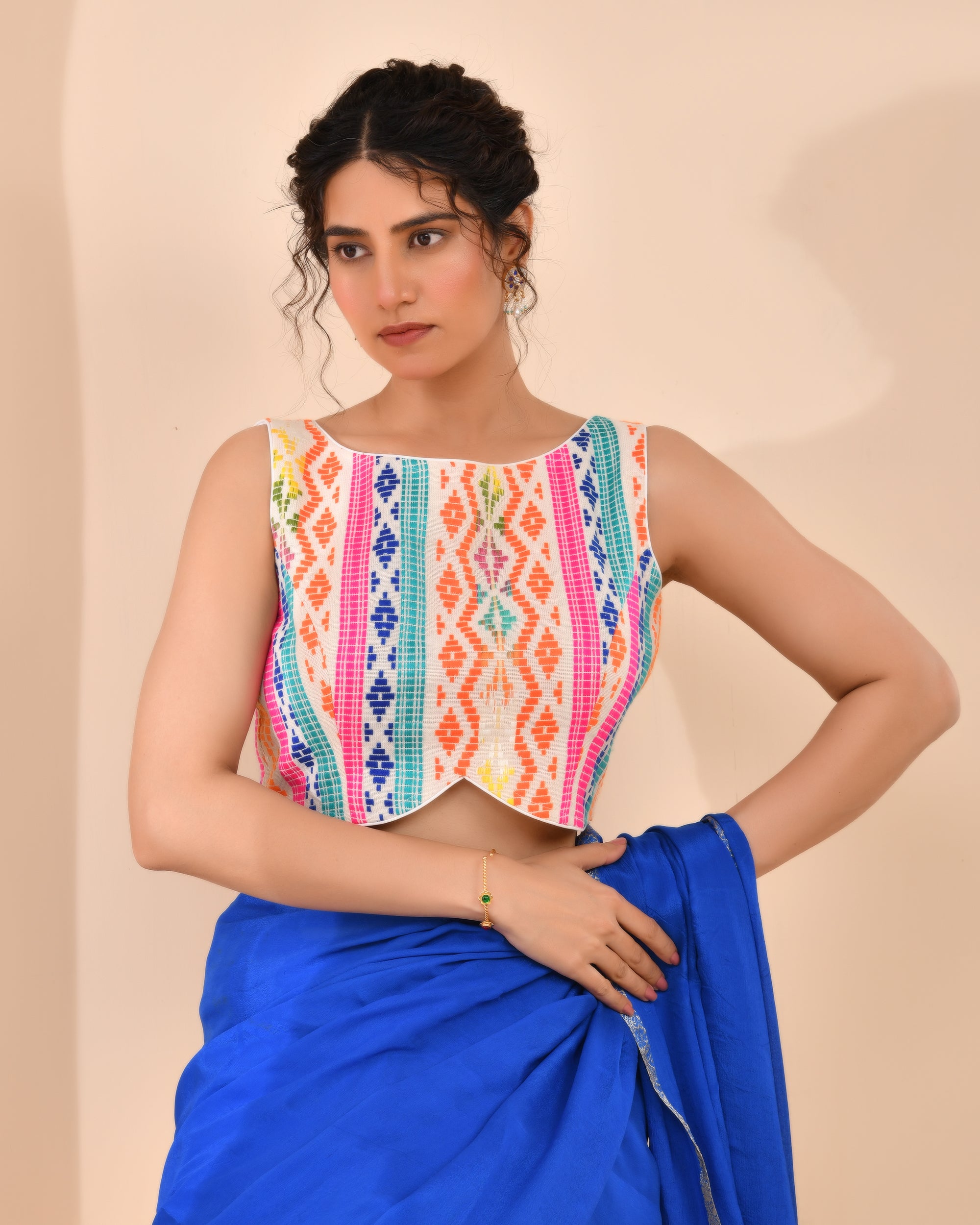 White Multicoloured Boat Neck Jacquard Blouse