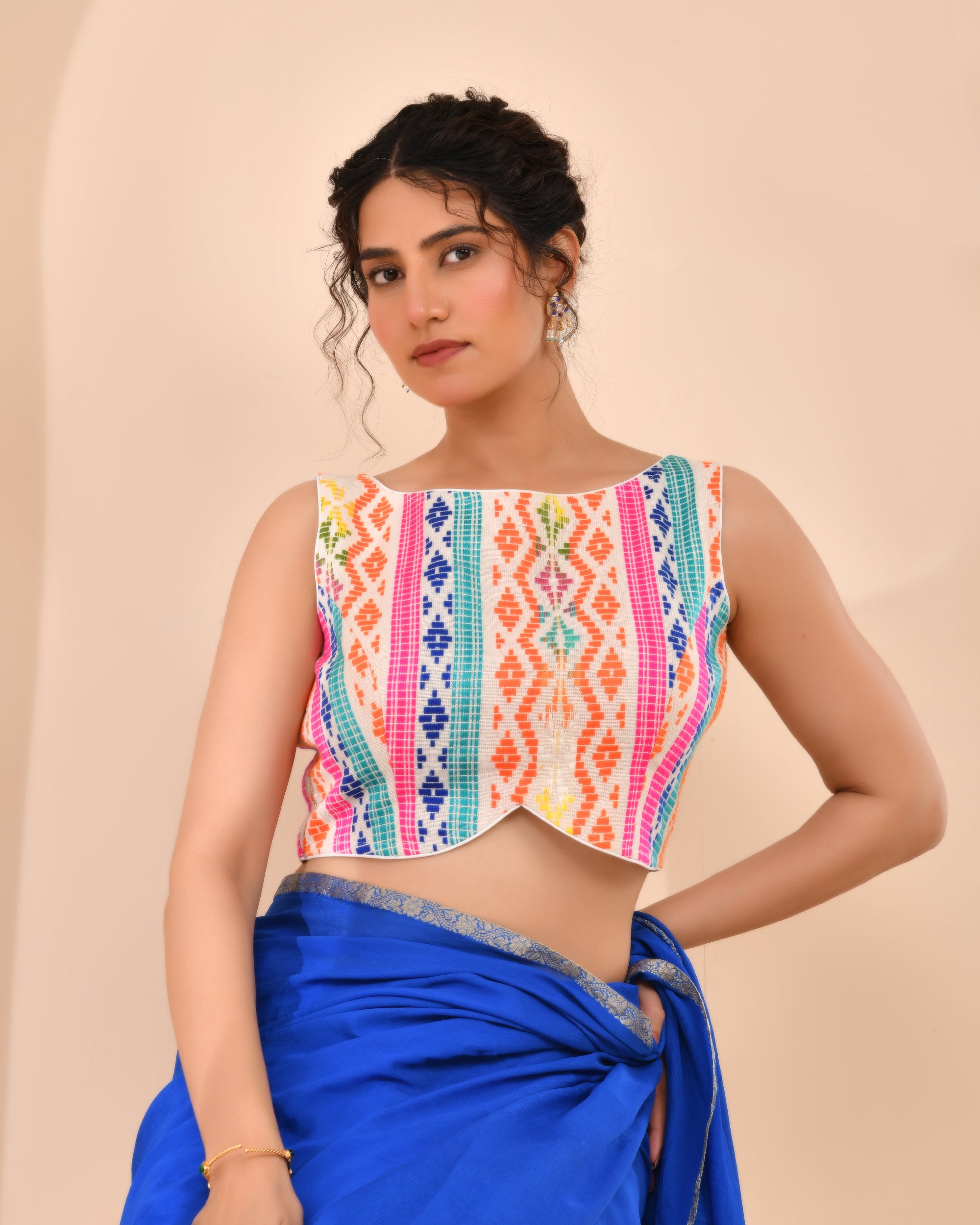 White Multicoloured Boat Neck Jacquard Blouse