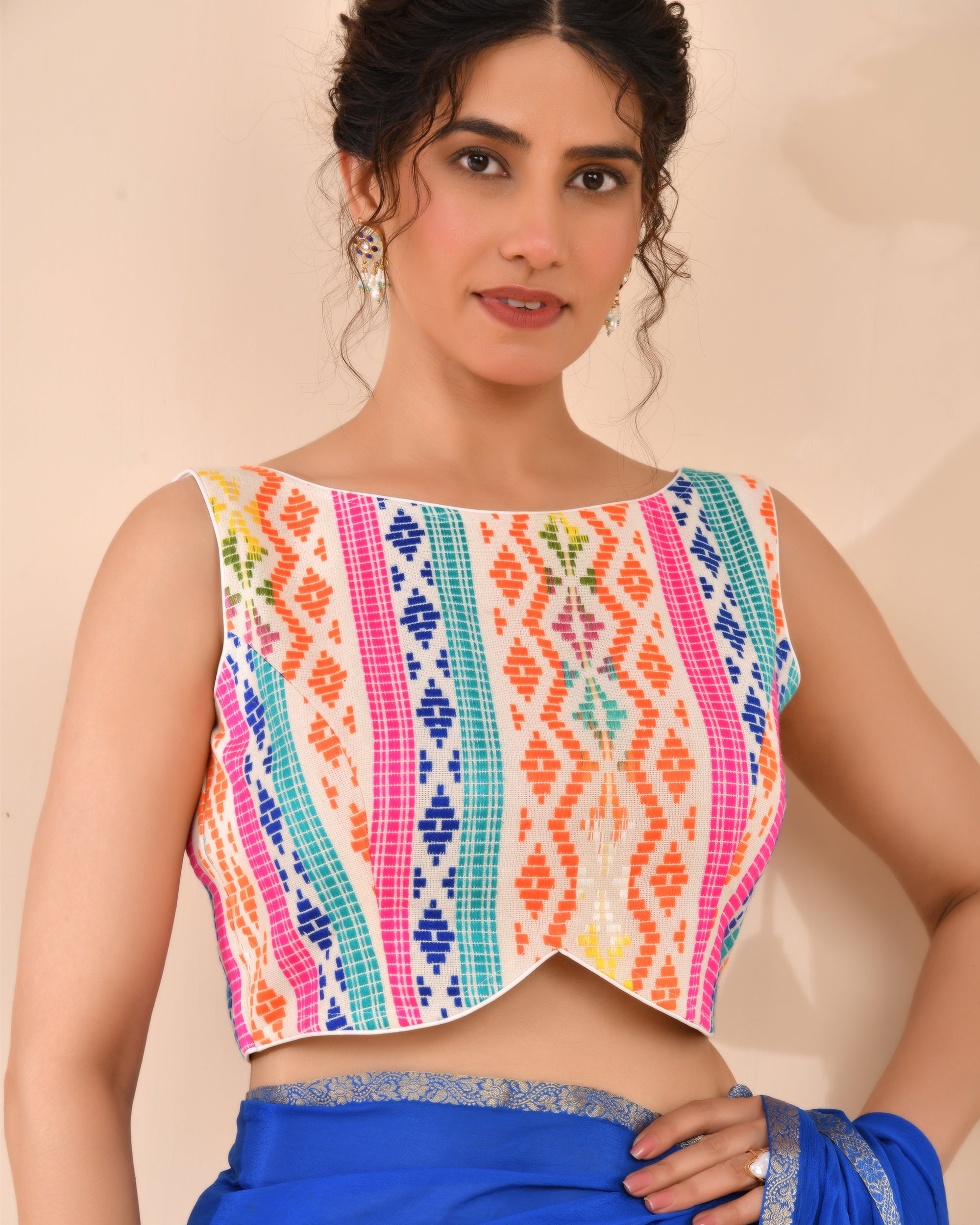 White Multicoloured Boat Neck Jacquard Blouse