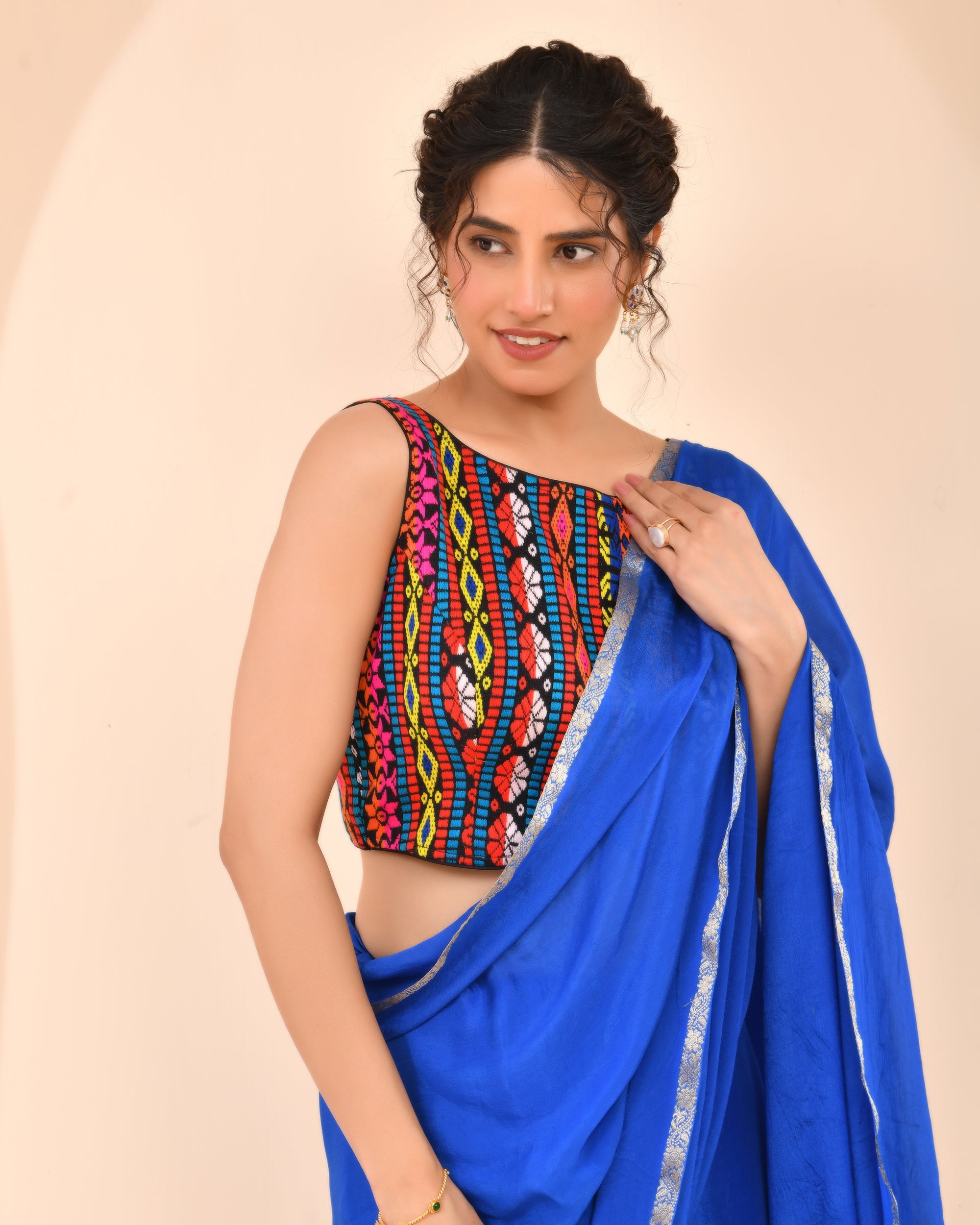 Black Multicoloured Boat Neck Jacquard Blouse