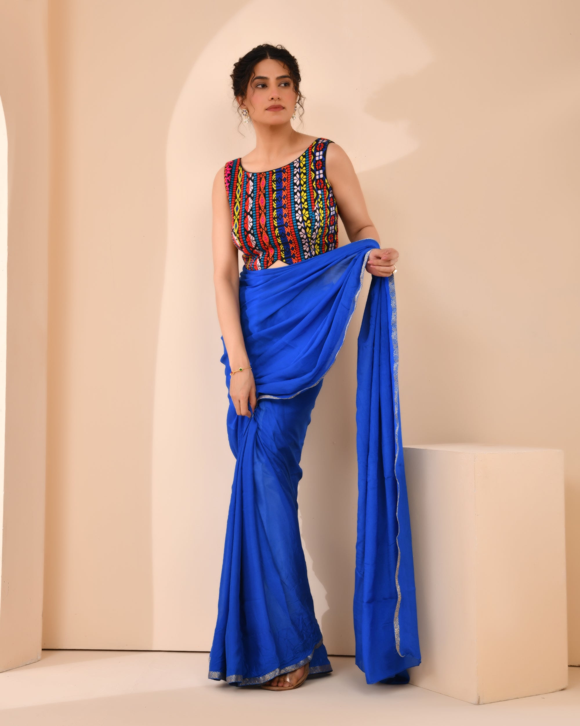 Black Multicoloured Boat Neck Jacquard Blouse