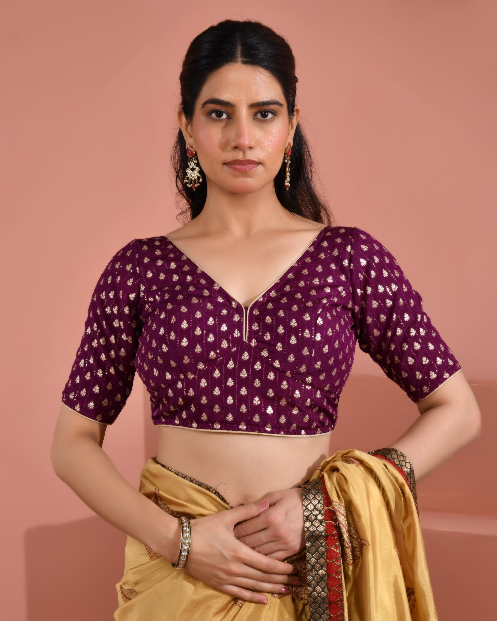 Wine Dola Silk  Sabhyasachi Style Blouse With Half Sleeves