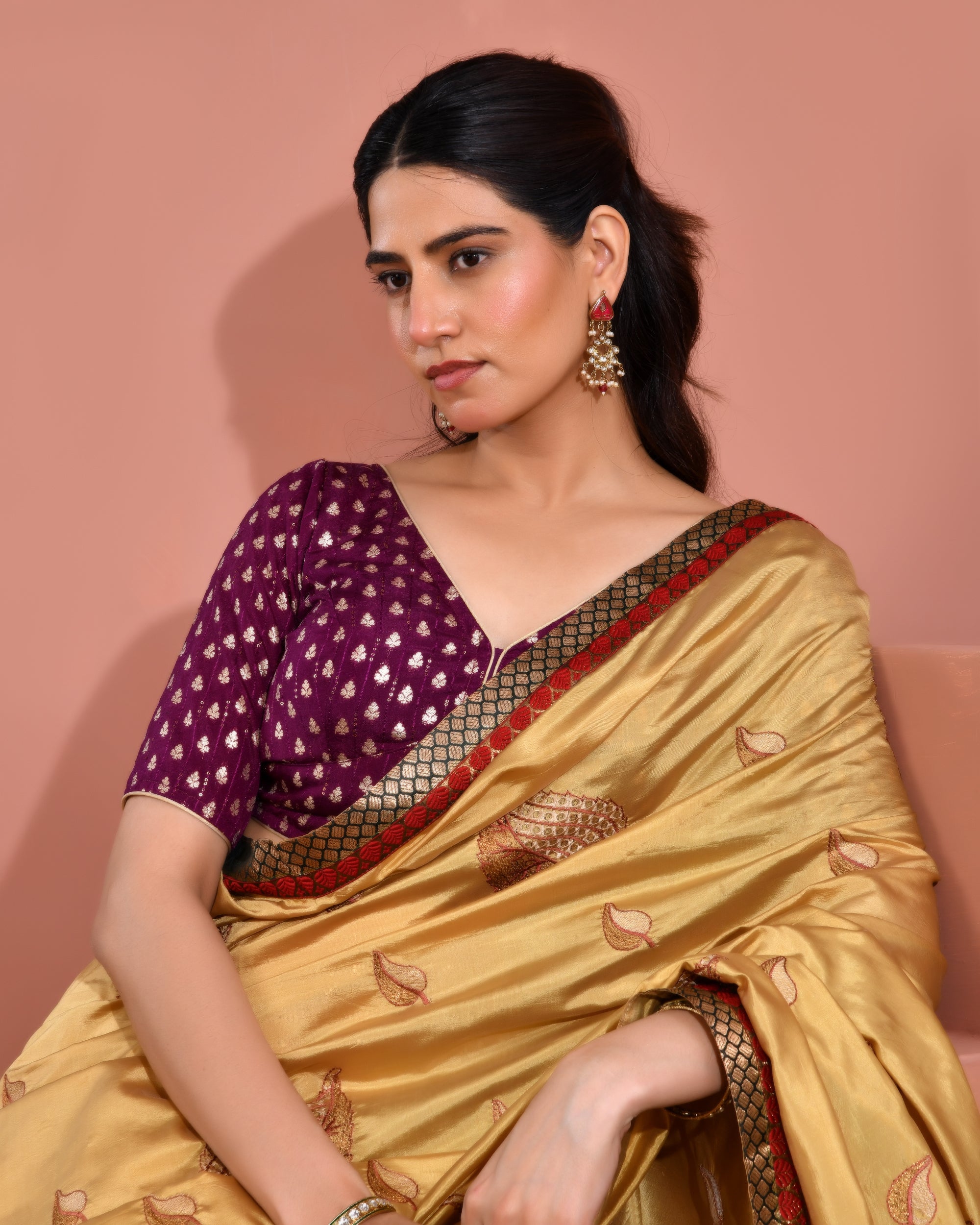 Wine Dola Silk  Sabhyasachi Style Blouse With Half Sleeves