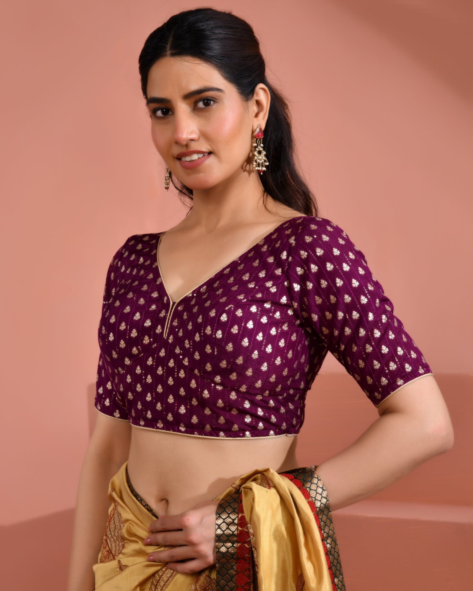Wine Dola Silk  Sabhyasachi Style Blouse With Half Sleeves