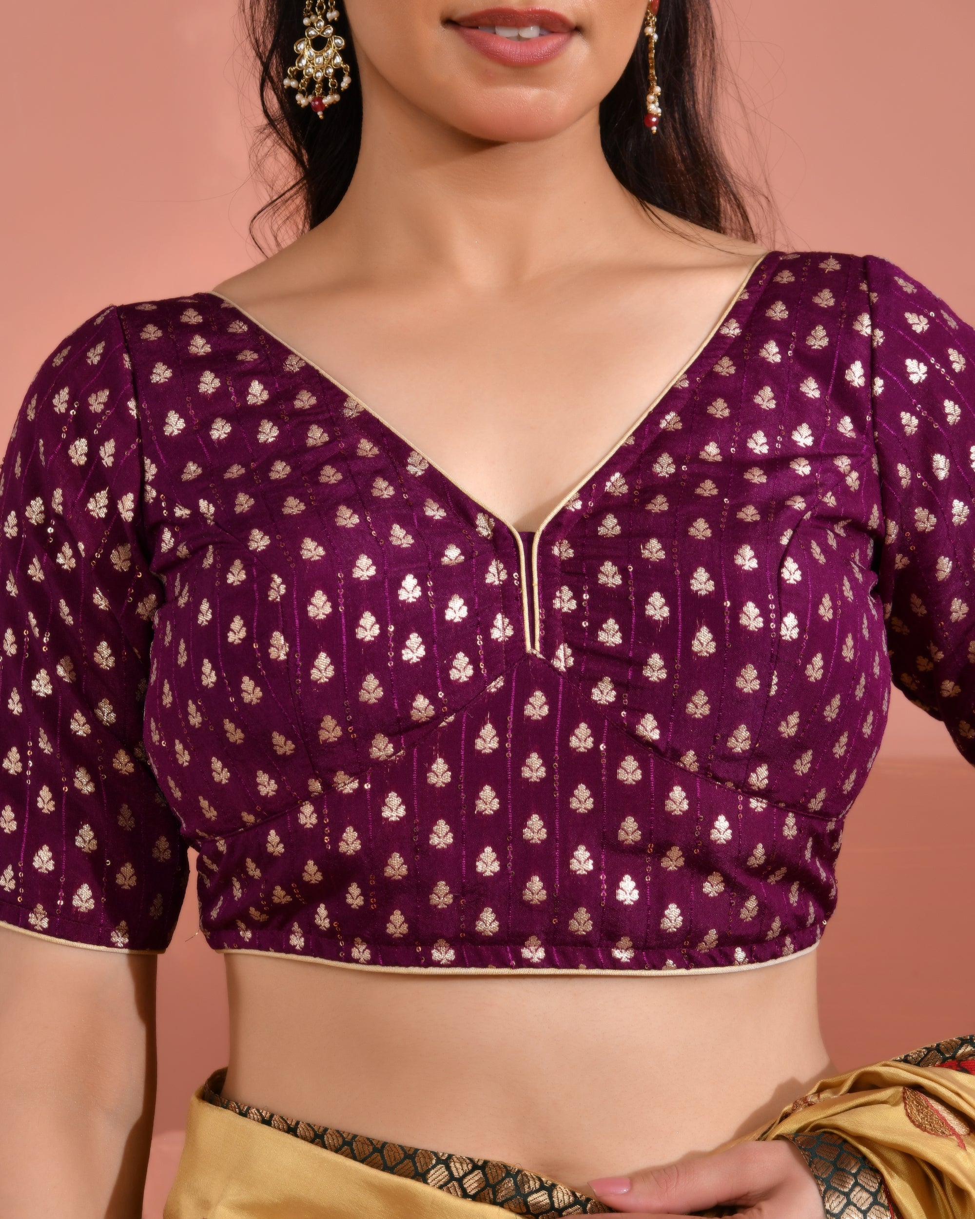 Wine Dola Silk  Sabhyasachi Style Blouse With Half Sleeves