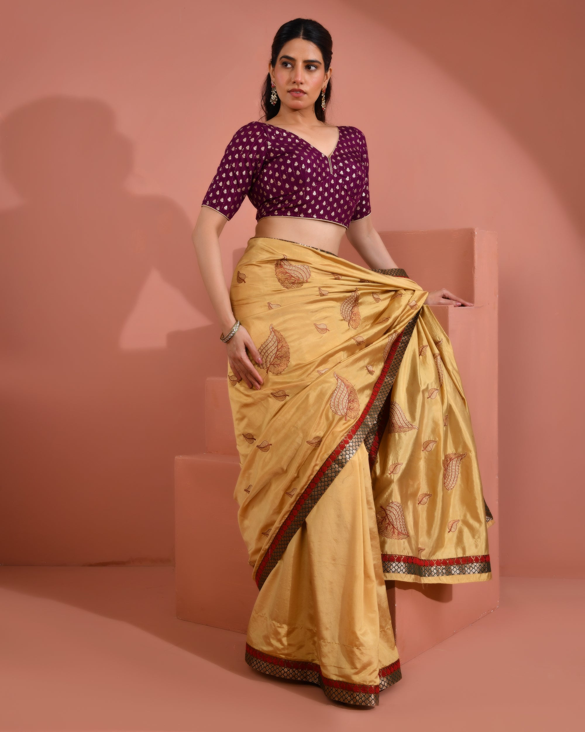 Wine Dola Silk  Sabhyasachi Style Blouse With Half Sleeves