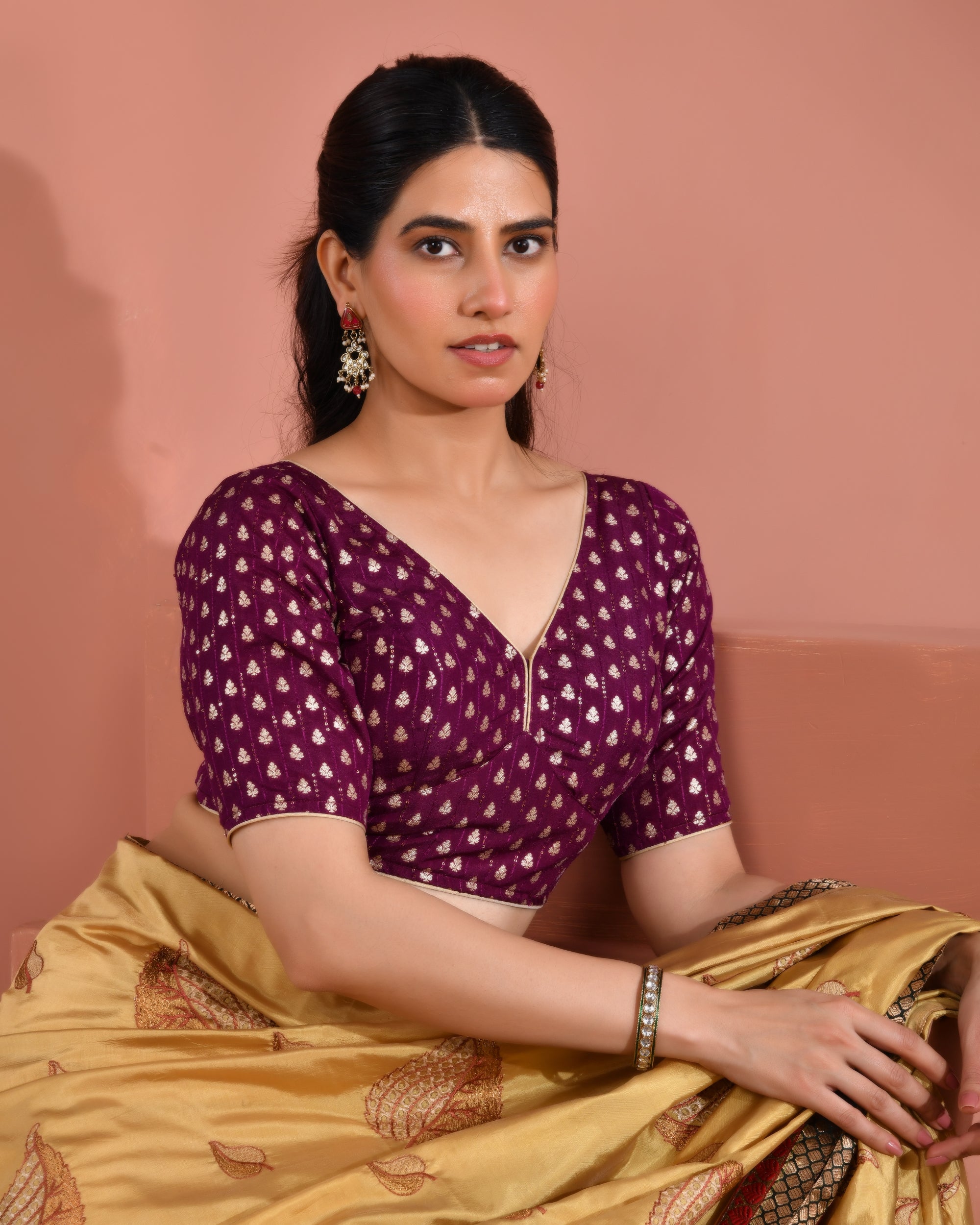 Wine Dola Silk  Sabhyasachi Style Blouse With Half Sleeves