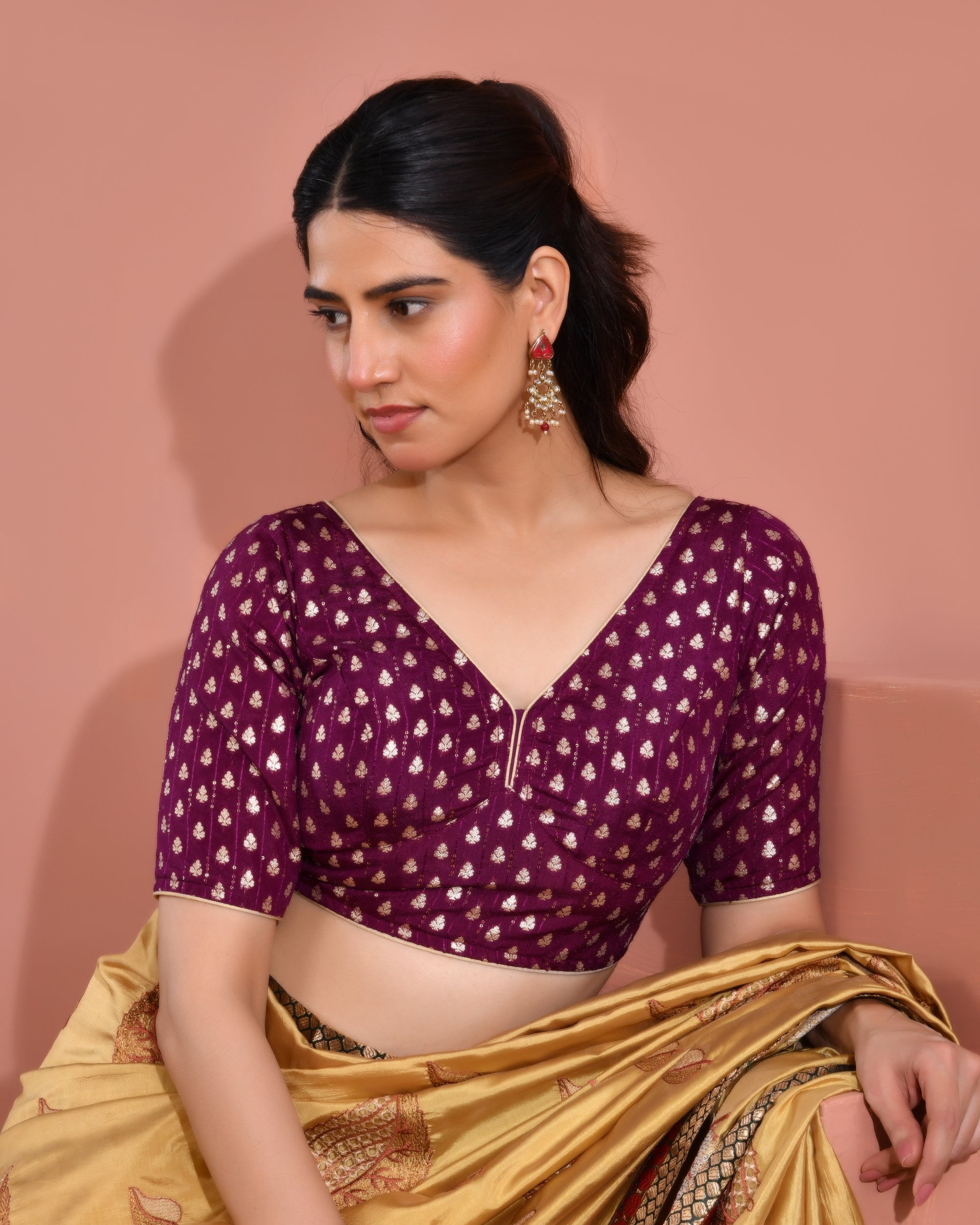 Wine Dola Silk  Sabhyasachi Style Blouse With Half Sleeves