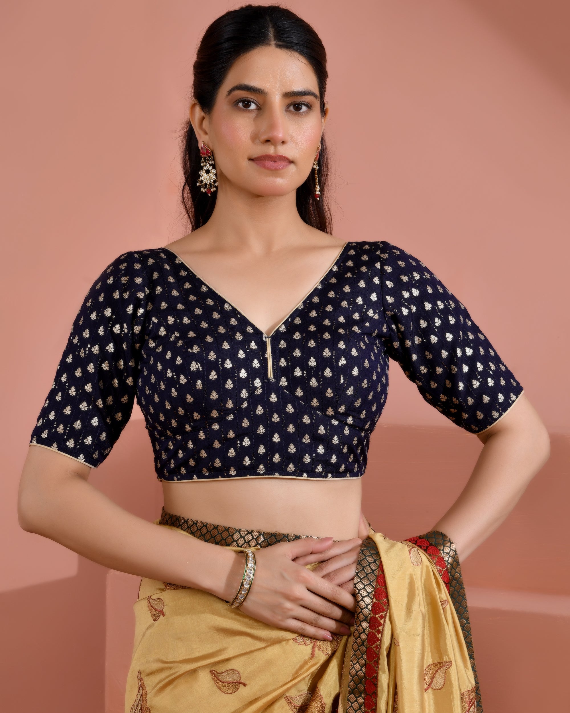Dark Blue Dola Silk  Sabhyasachi Style Blouse With Half Sleeves
