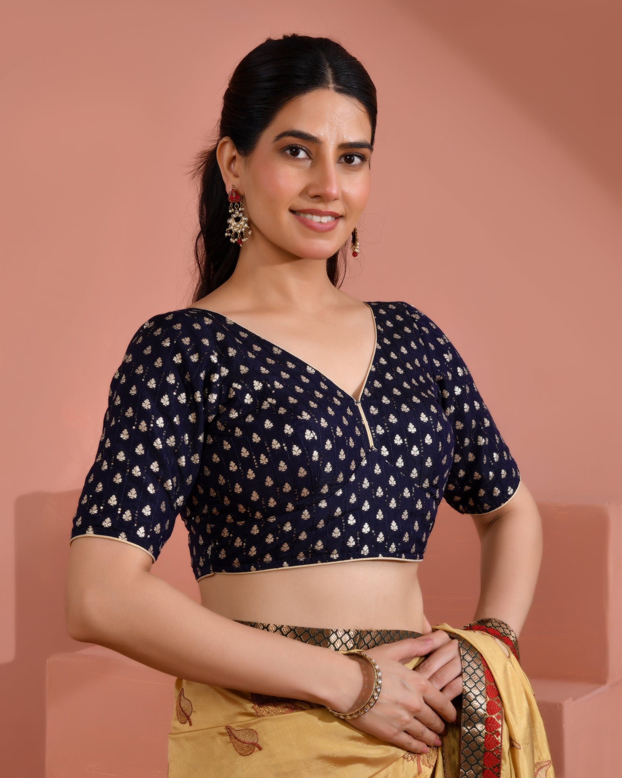 Dark Blue Dola Silk  Sabhyasachi Style Blouse With Half Sleeves