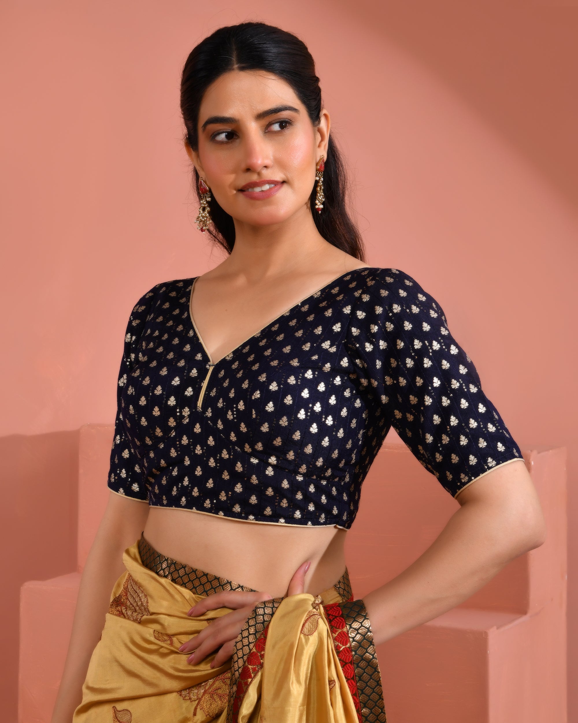 Dark Blue Dola Silk  Sabhyasachi Style Blouse With Half Sleeves