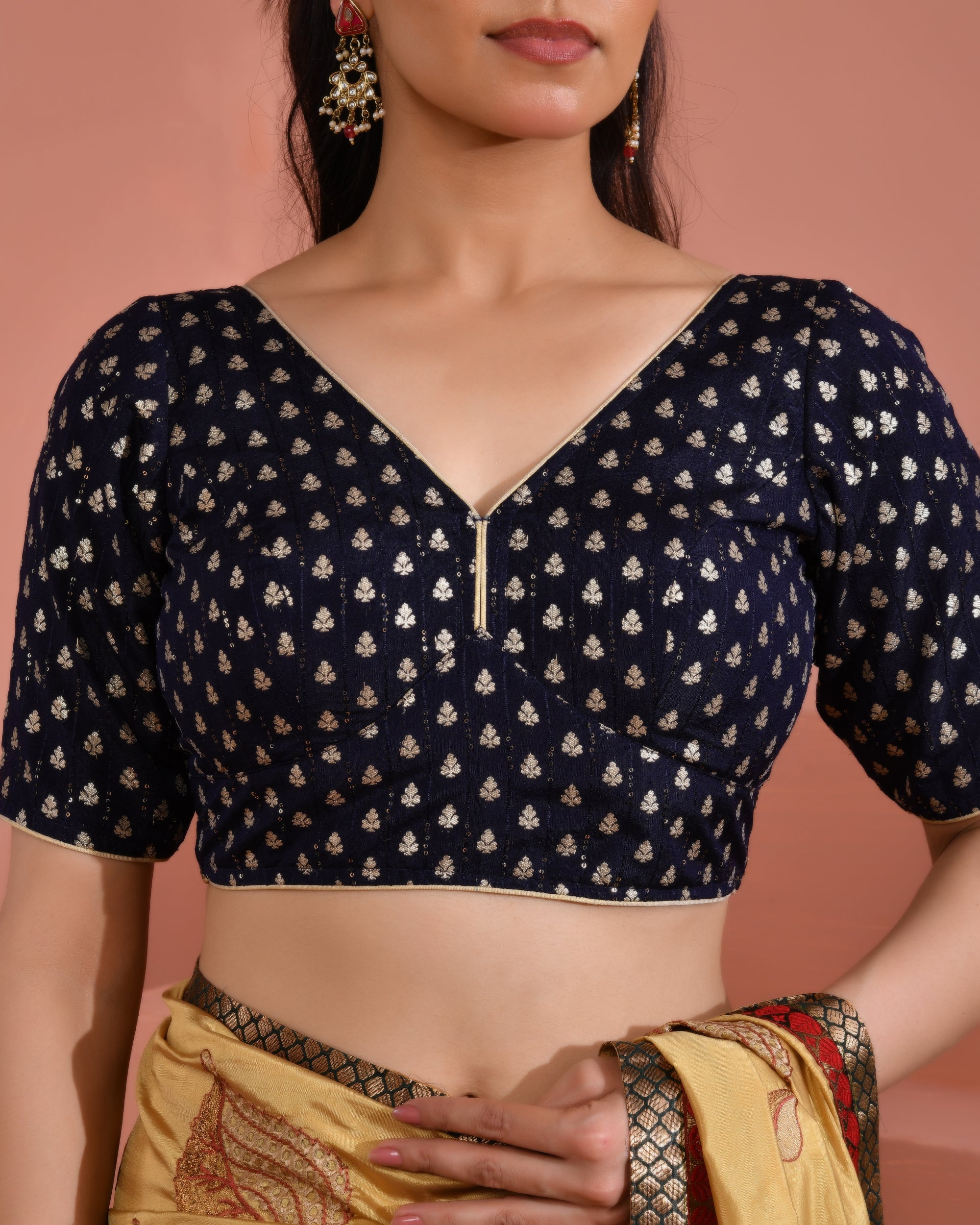 Dark Blue Dola Silk  Sabhyasachi Style Blouse With Half Sleeves