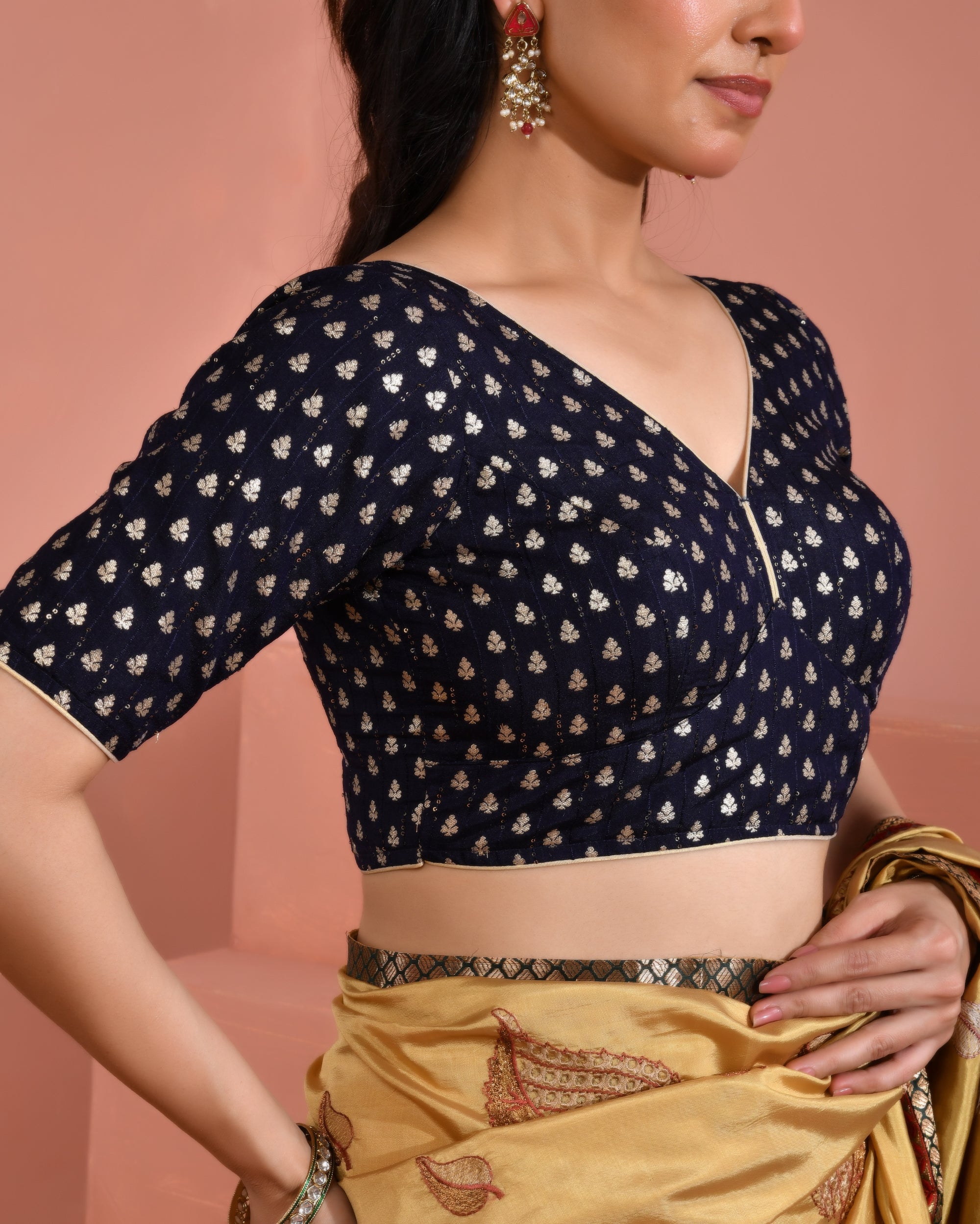 Dark Blue Dola Silk  Sabhyasachi Style Blouse With Half Sleeves