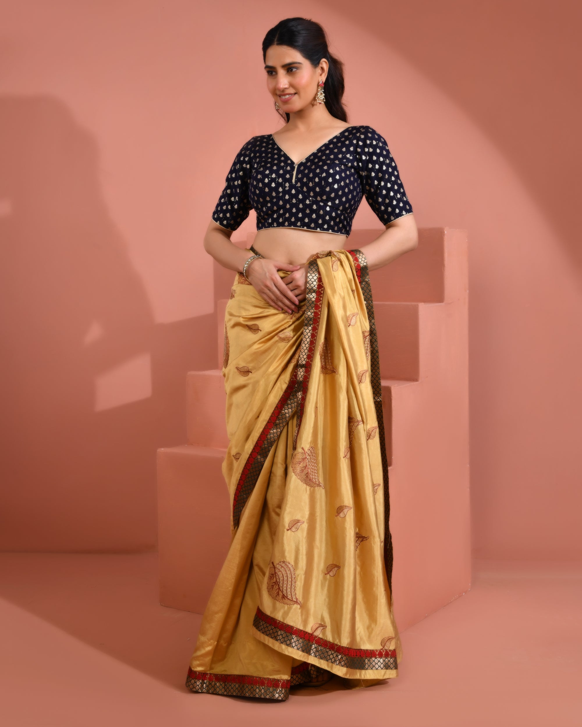 Dark Blue Dola Silk  Sabhyasachi Style Blouse With Half Sleeves