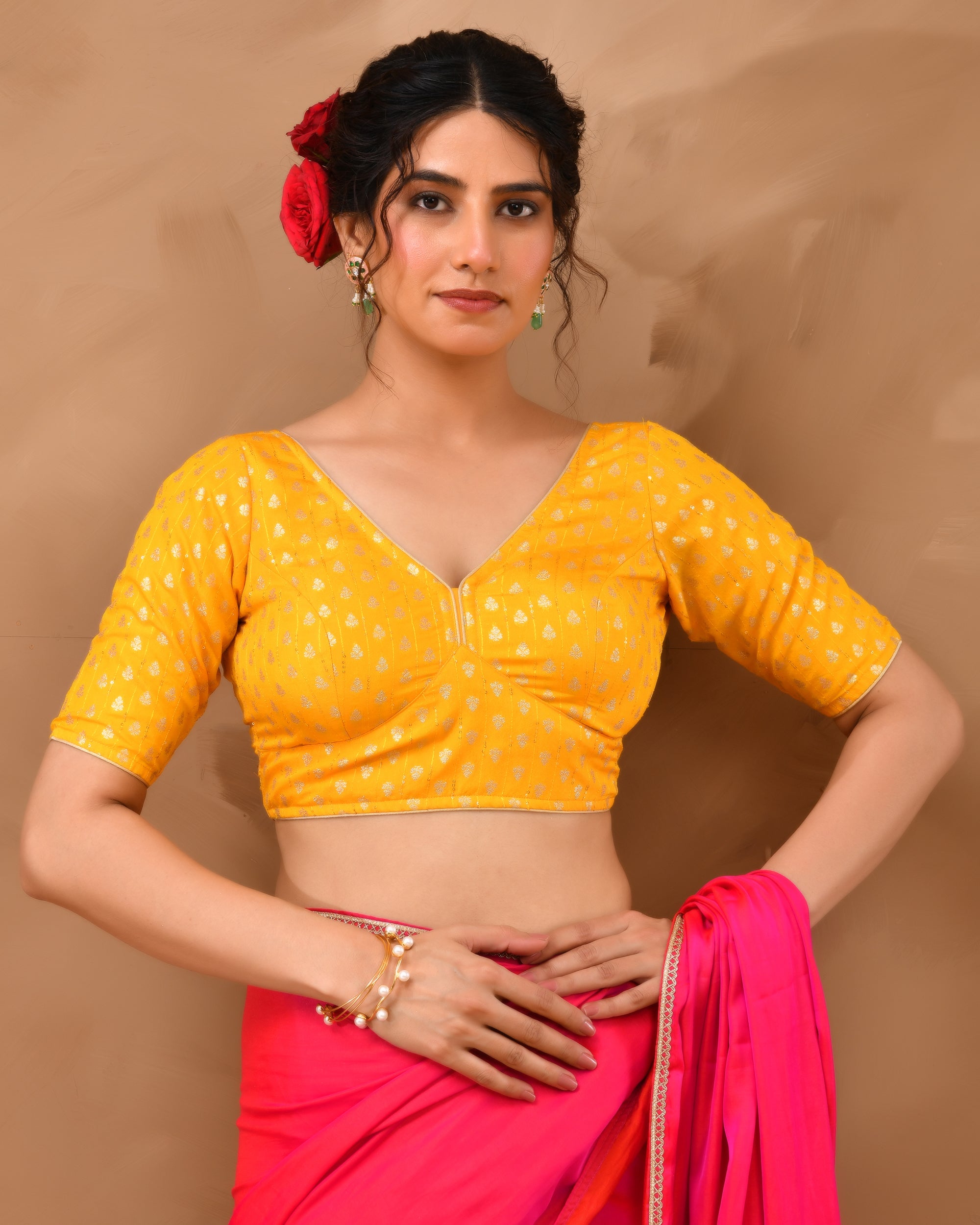 Yellow Dola Silk  Sabhyasachi Style Blouse With Half Sleeves