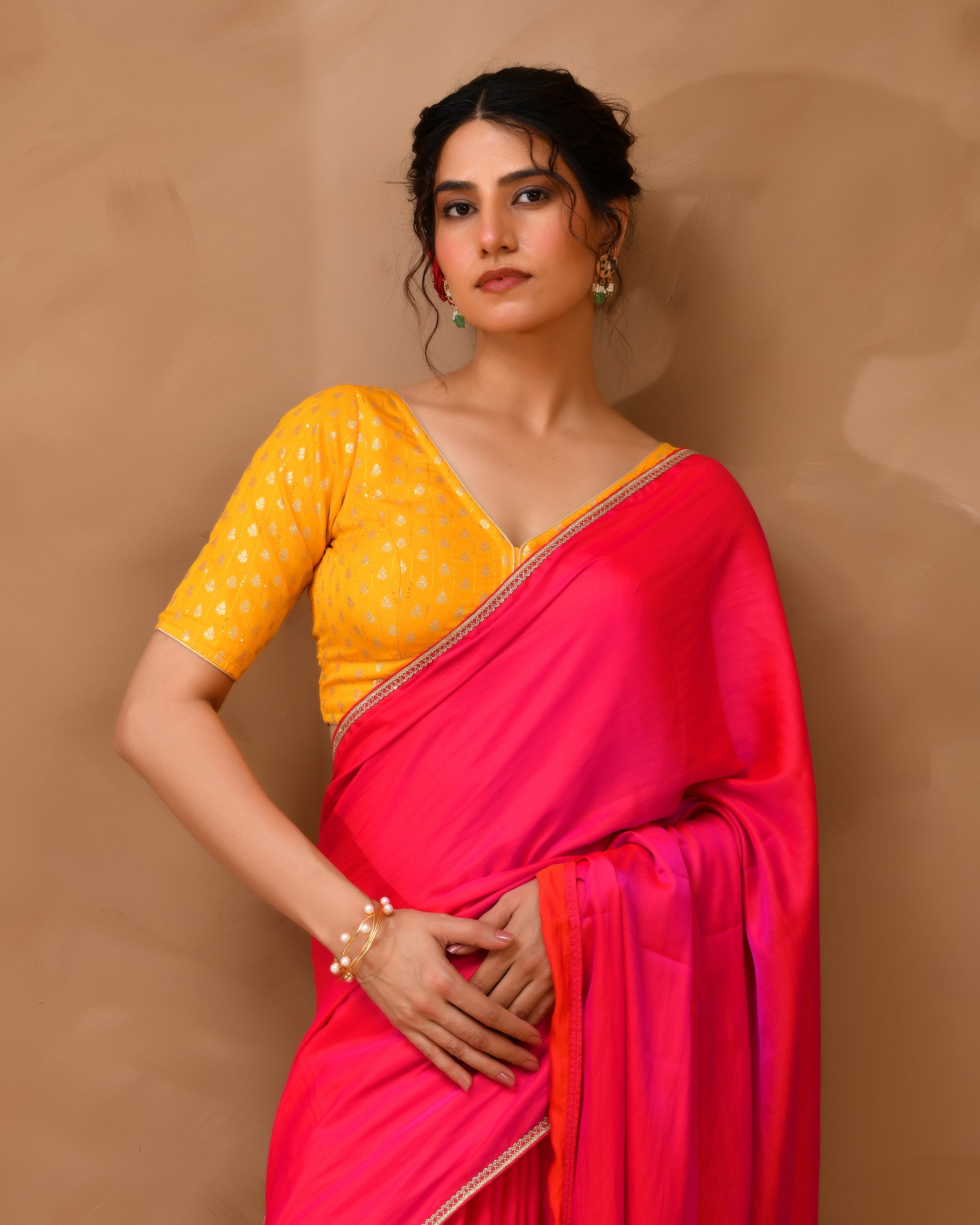 Yellow Dola Silk  Sabhyasachi Style Blouse With Half Sleeves