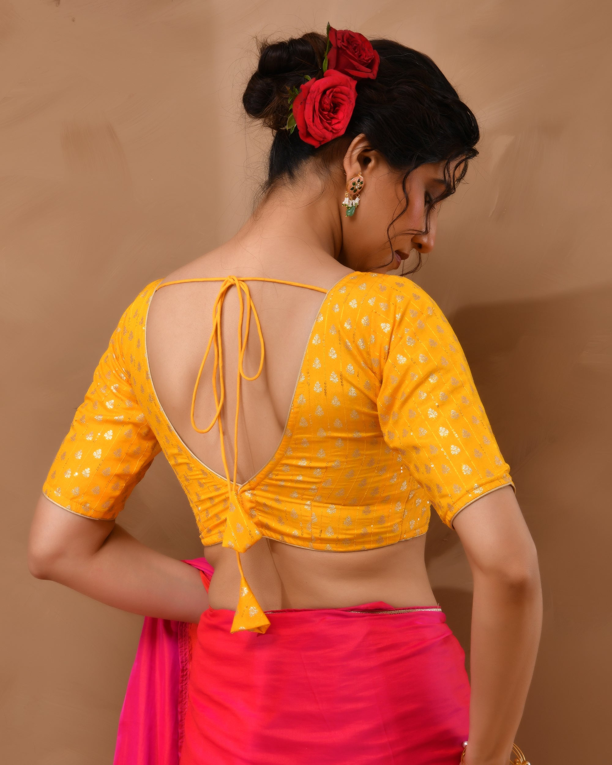 Yellow Dola Silk  Sabhyasachi Style Blouse With Half Sleeves