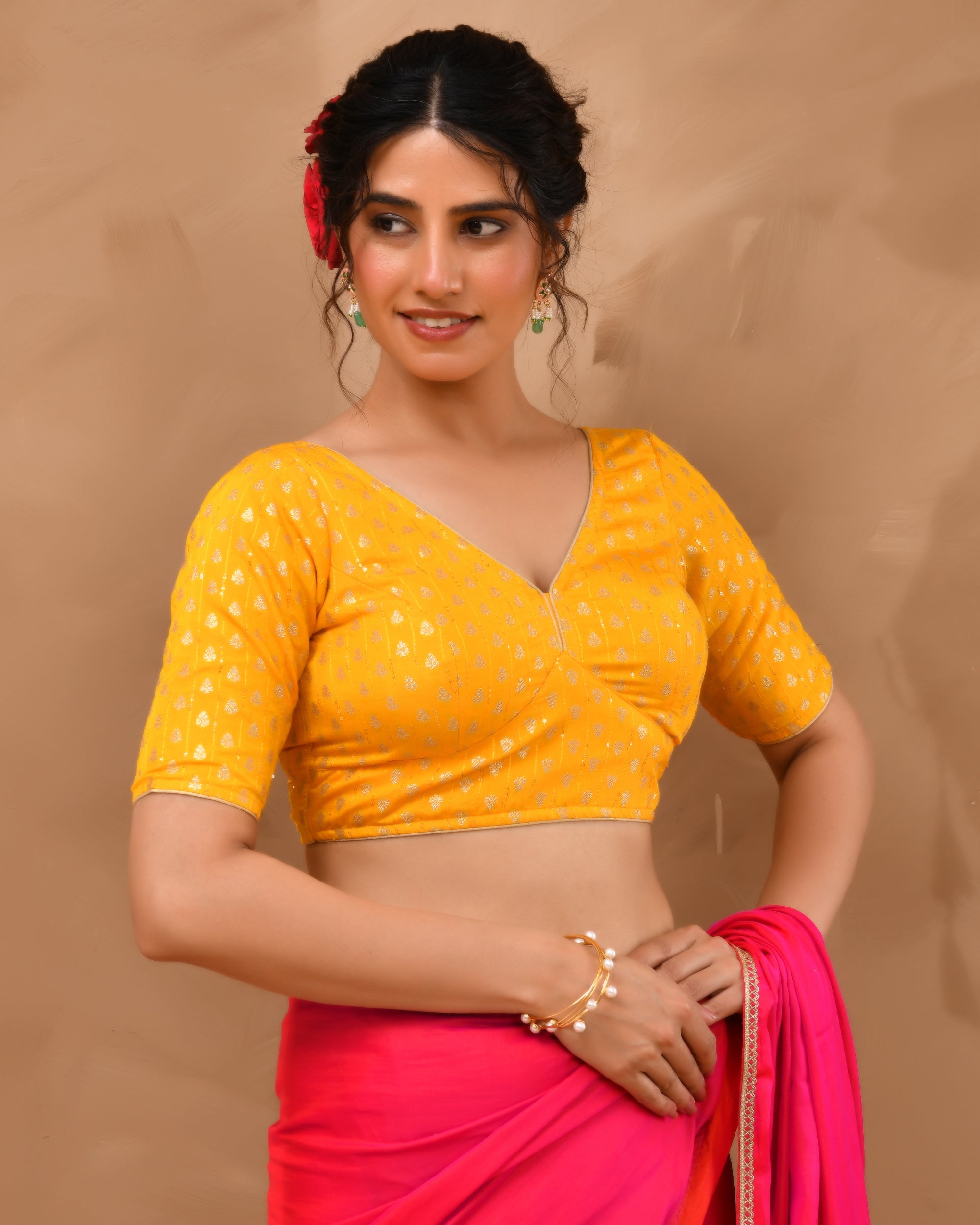 Yellow Dola Silk  Sabhyasachi Style Blouse With Half Sleeves