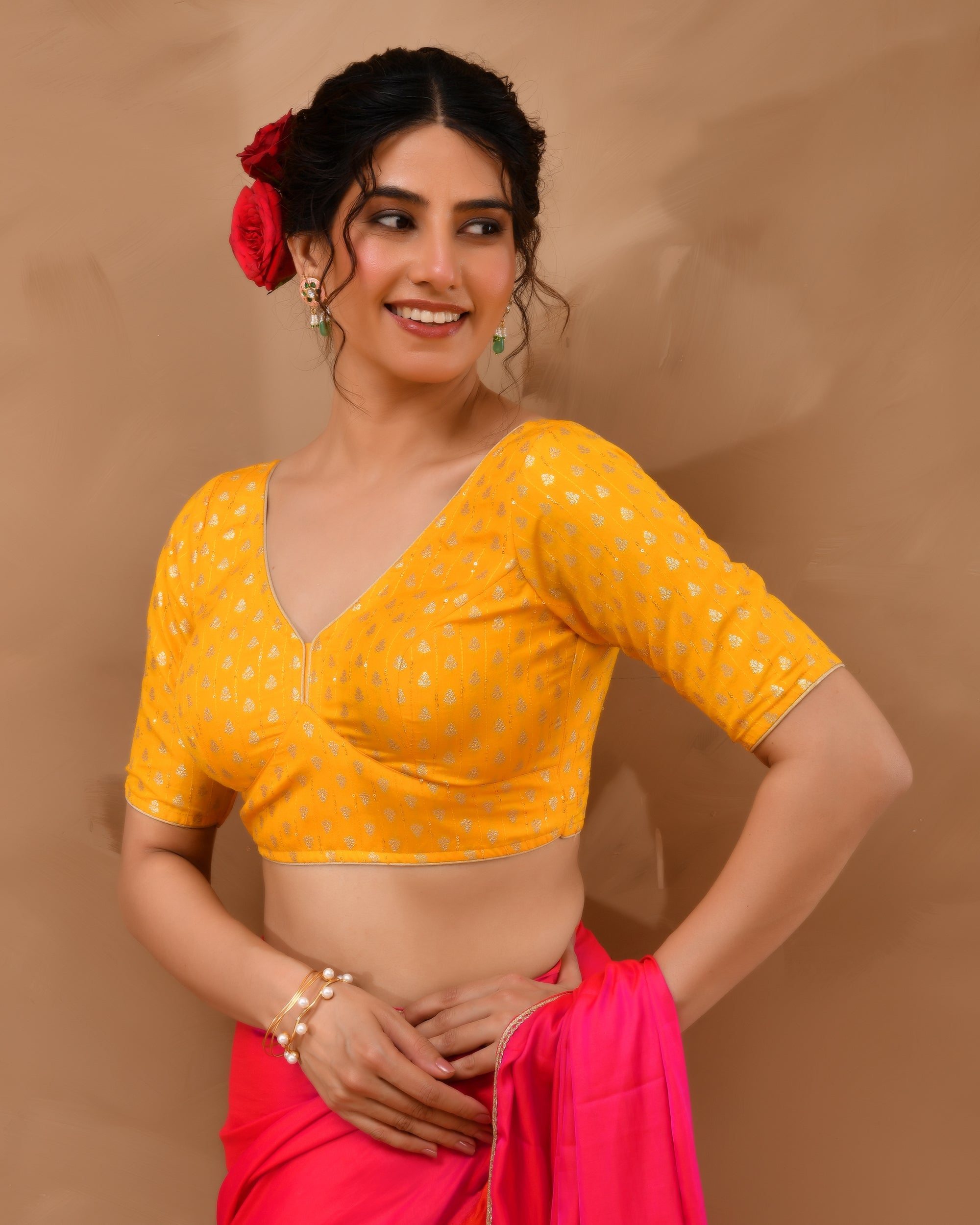 Yellow Dola Silk  Sabhyasachi Style Blouse With Half Sleeves