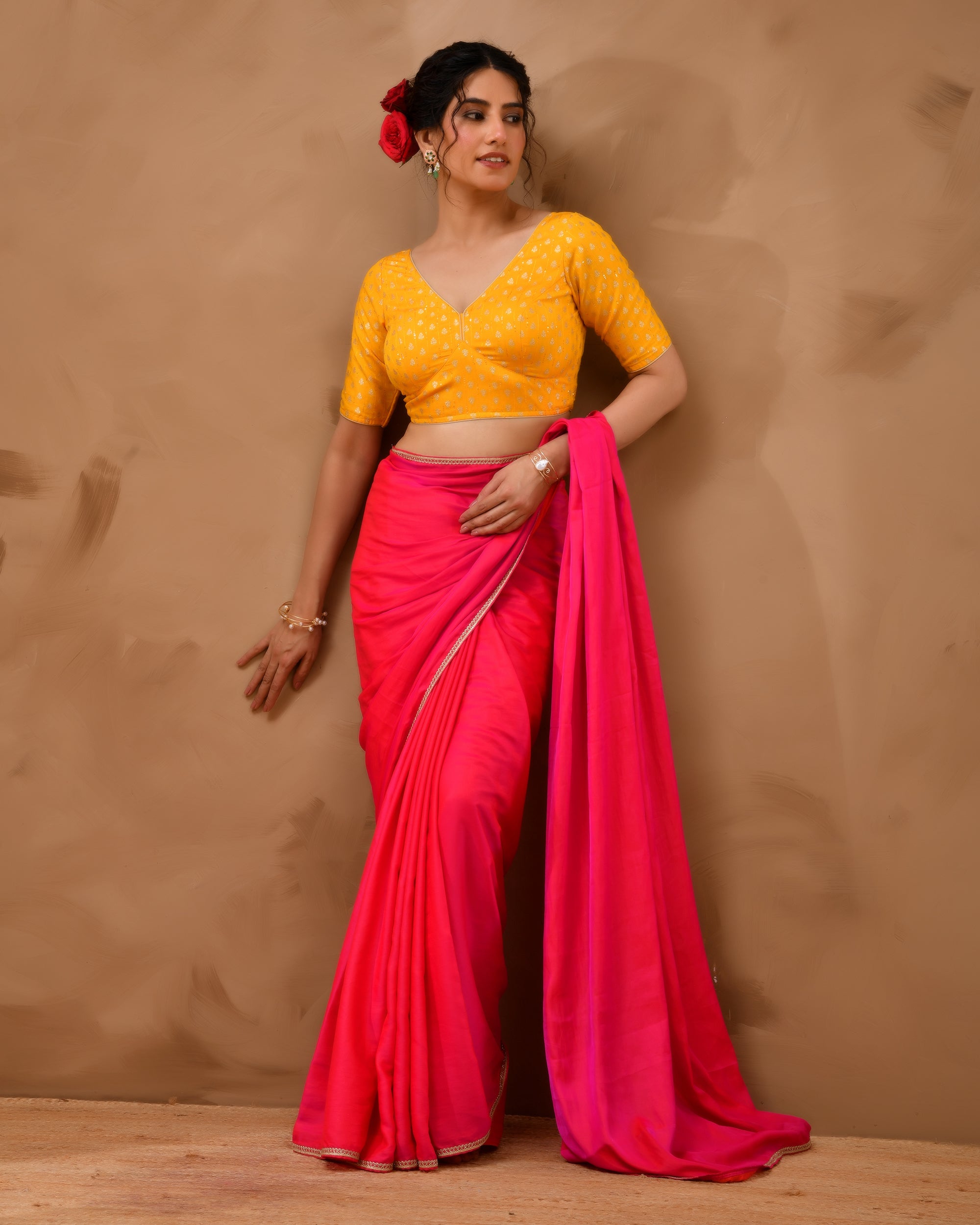 Yellow Dola Silk  Sabhyasachi Style Blouse With Half Sleeves