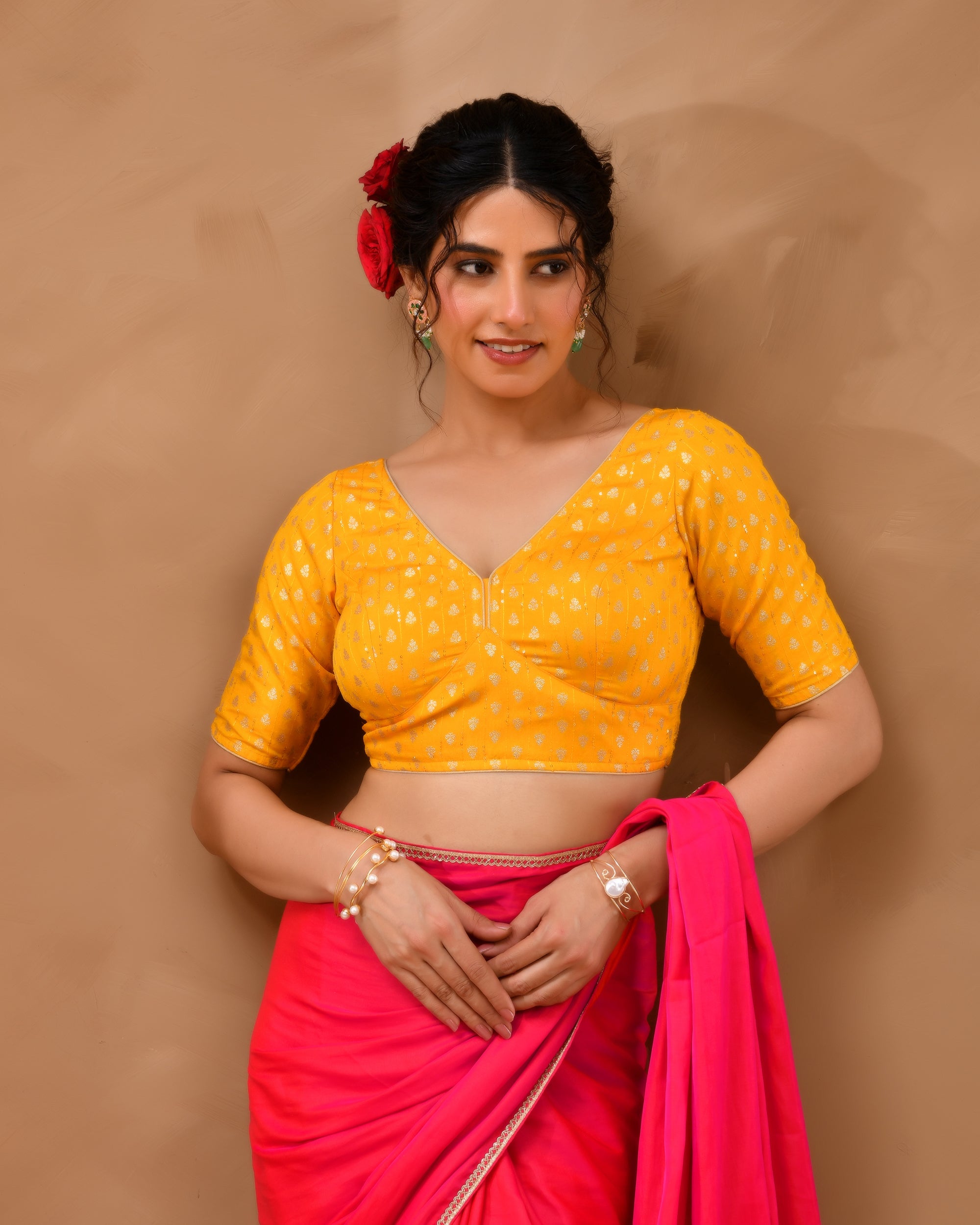 Yellow Dola Silk  Sabhyasachi Style Blouse With Half Sleeves
