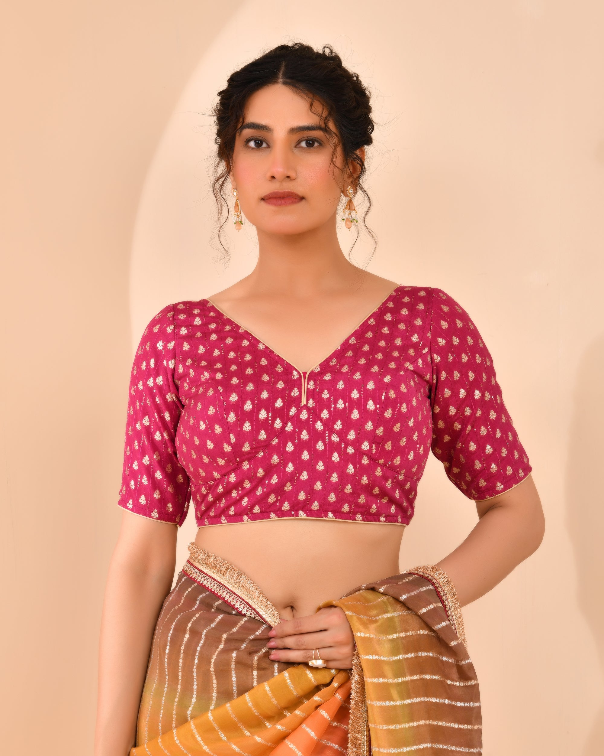 Magenta Dola Silk Sabhyasachi Style Blouse With Half Sleeves
