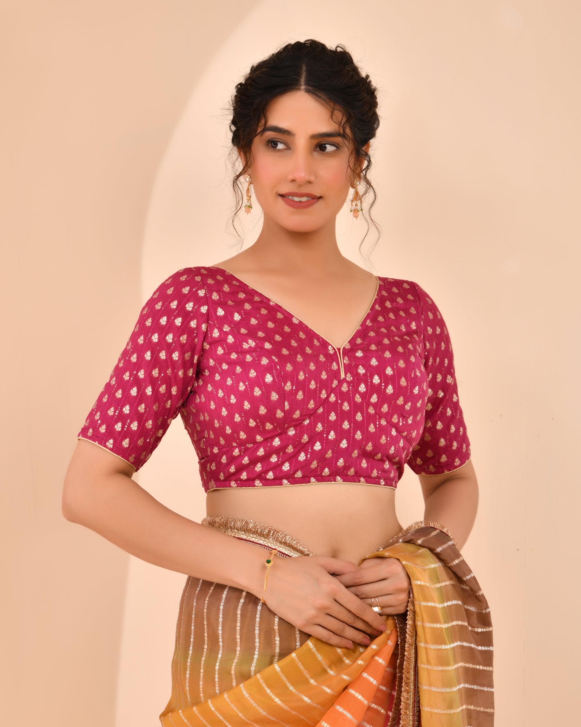 Magenta Dola Silk Sabhyasachi Style Blouse With Half Sleeves
