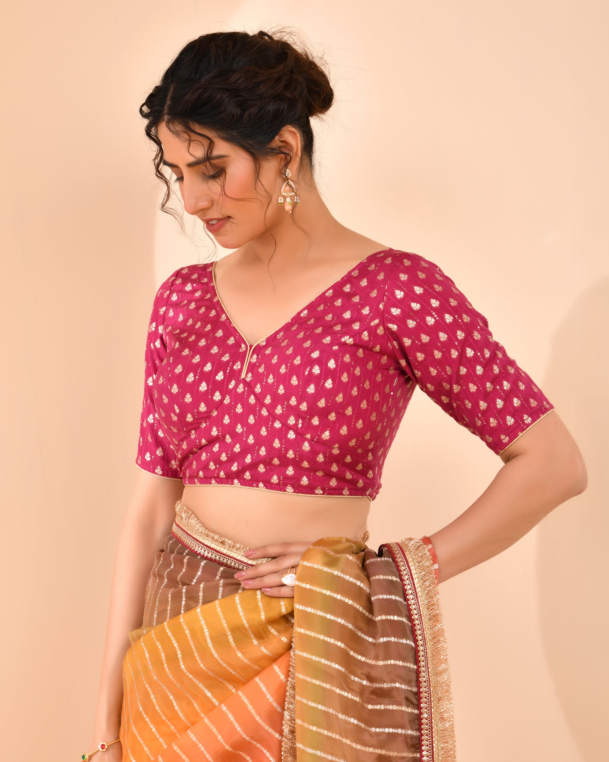 Magenta Dola Silk Sabhyasachi Style Blouse With Half Sleeves