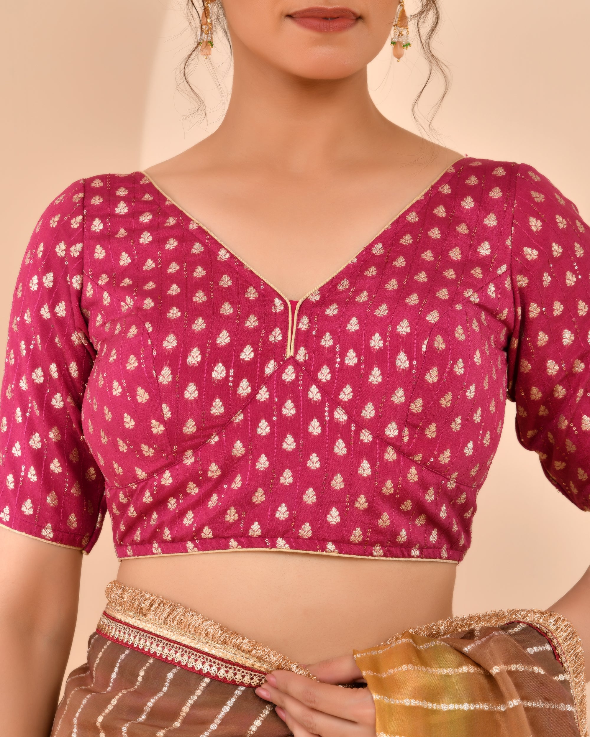 Magenta Dola Silk Sabhyasachi Style Blouse With Half Sleeves