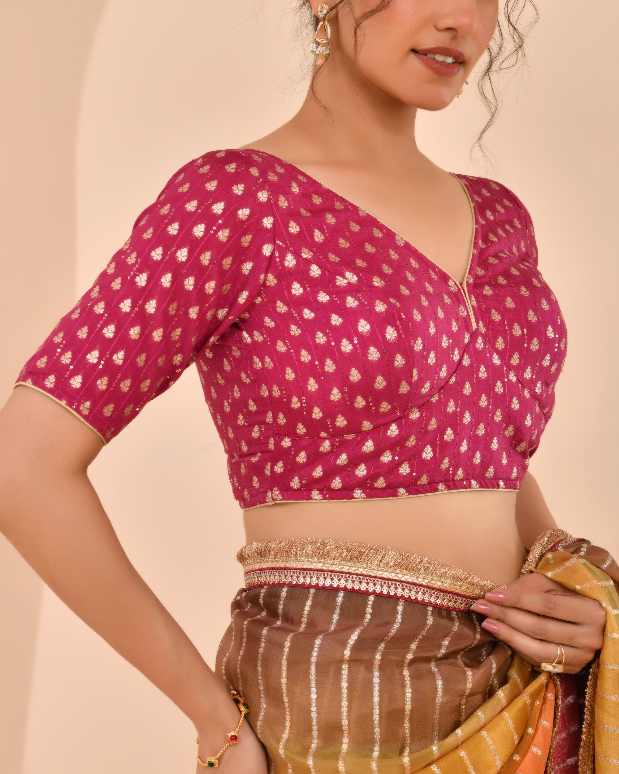 Magenta Dola Silk Sabhyasachi Style Blouse With Half Sleeves