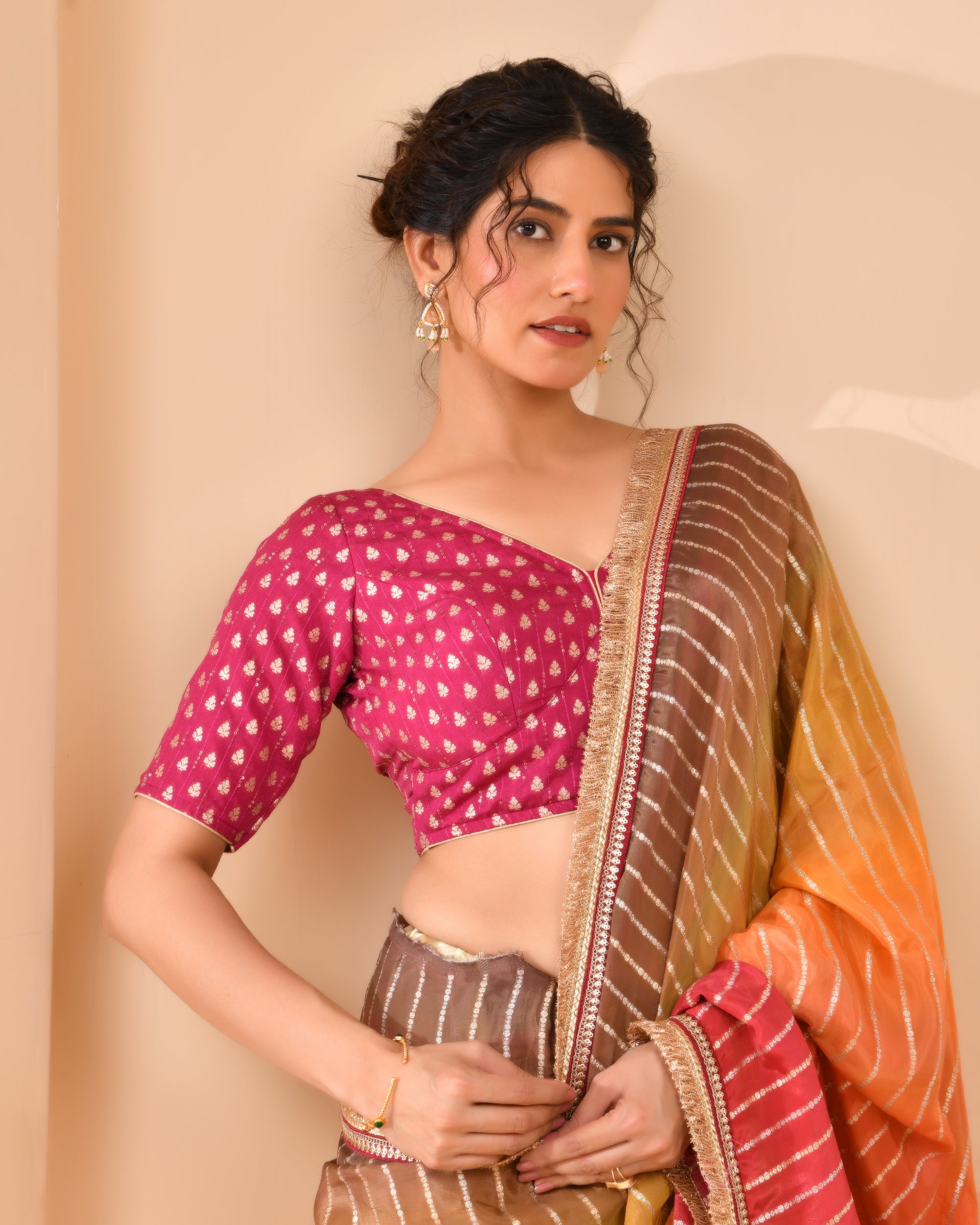 Magenta Dola Silk Sabhyasachi Style Blouse With Half Sleeves