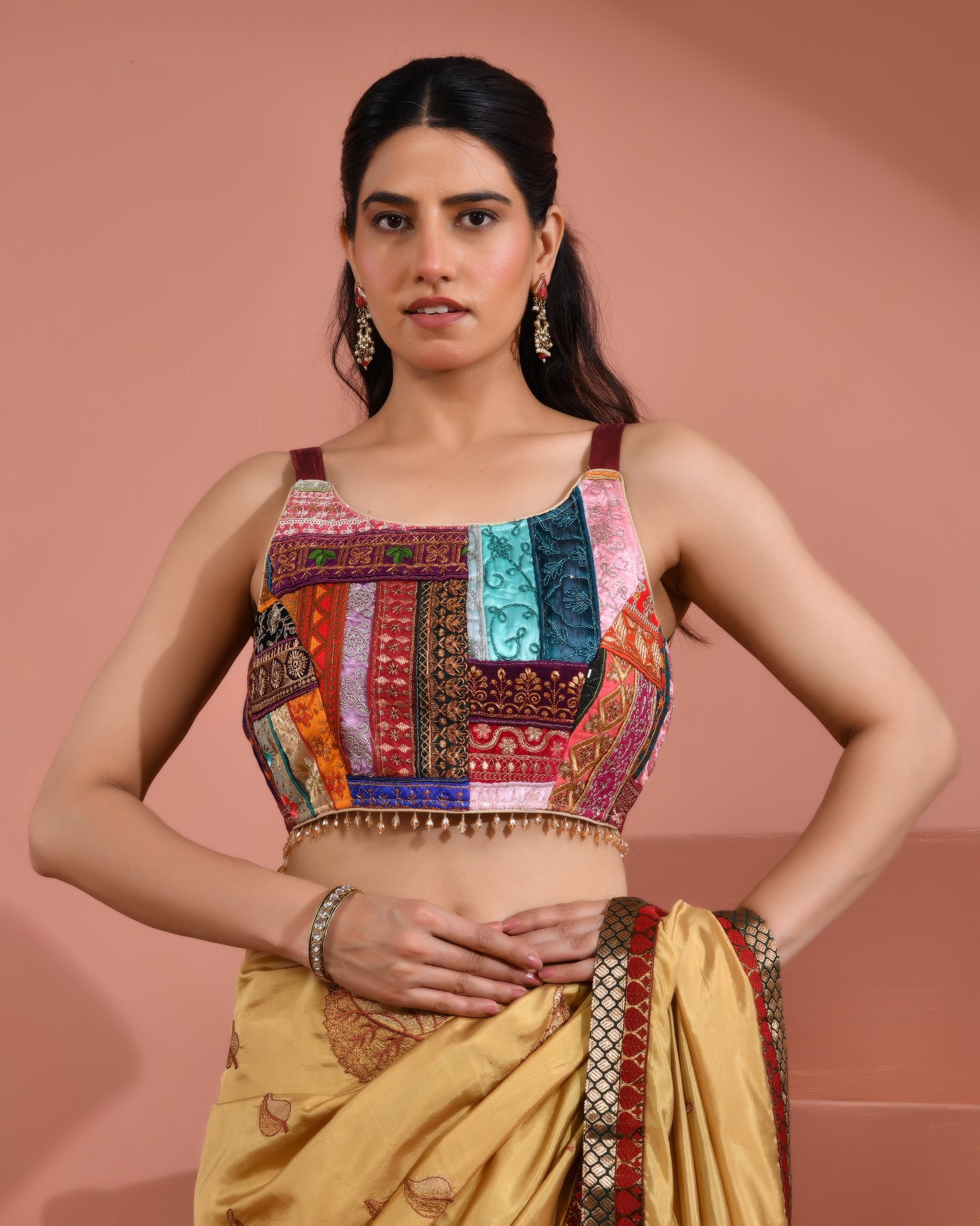 Multicolored Patch Work Round Neck Silk Blouse with Lace