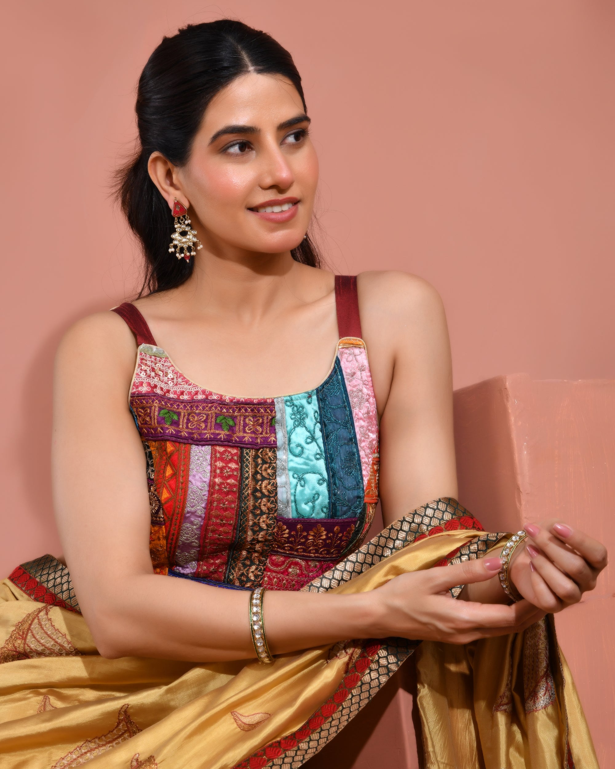 Multicolored Patch Work Round Neck Silk Blouse with Lace