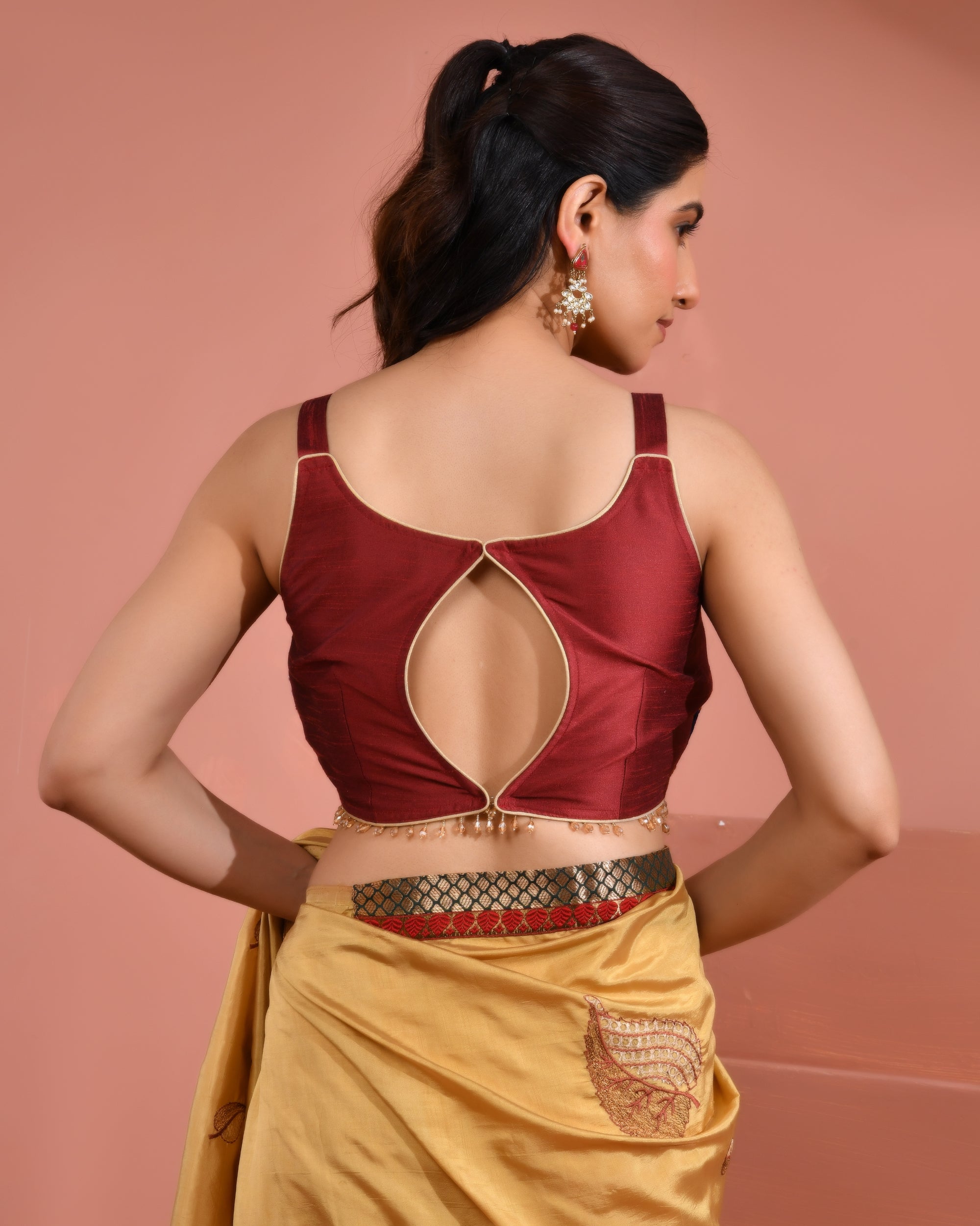 Multicolored Patch Work Round Neck Silk Blouse with Lace