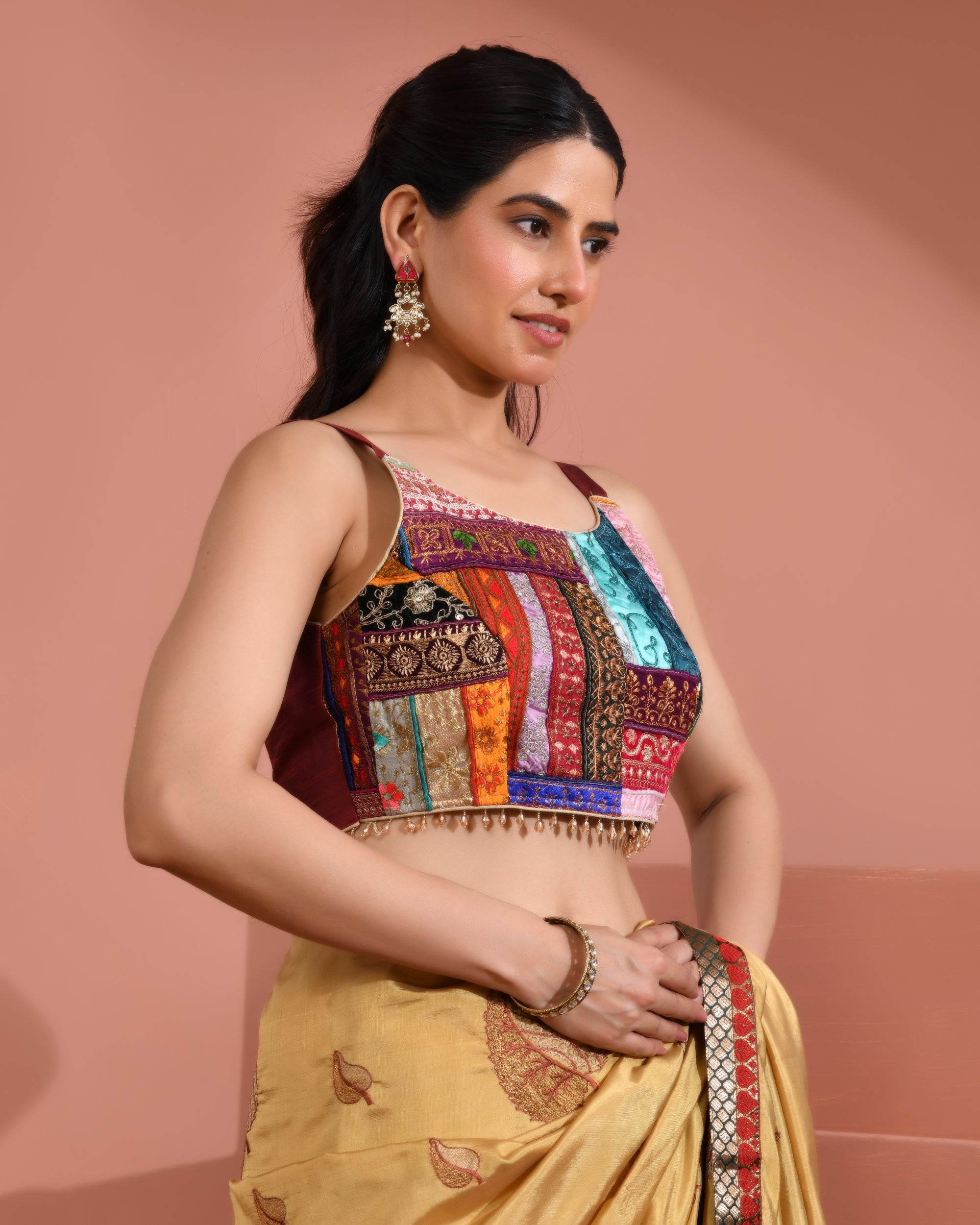 Multicolored Patch Work Round Neck Silk Blouse with Lace