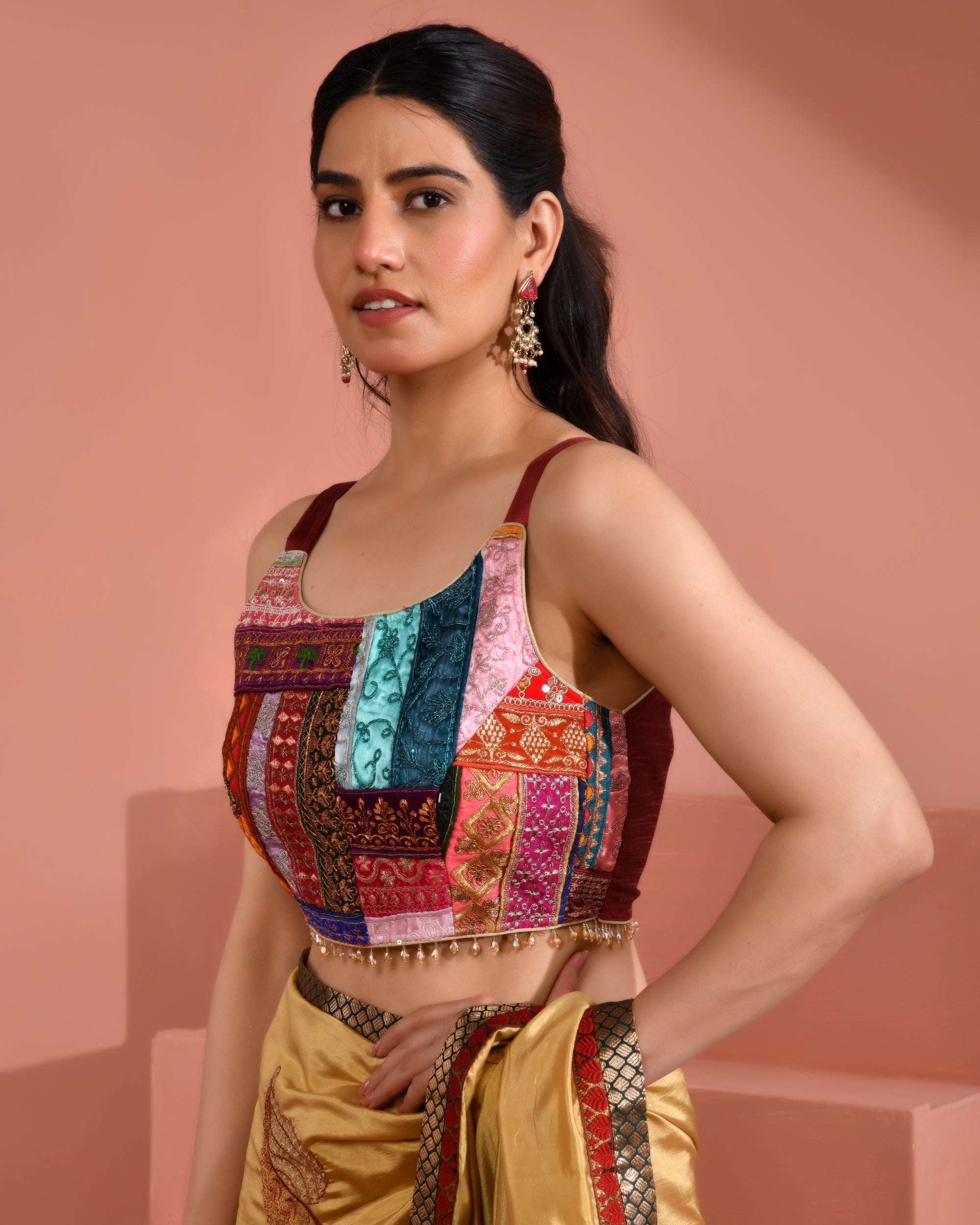 Multicolored Patch Work Round Neck Silk Blouse with Lace