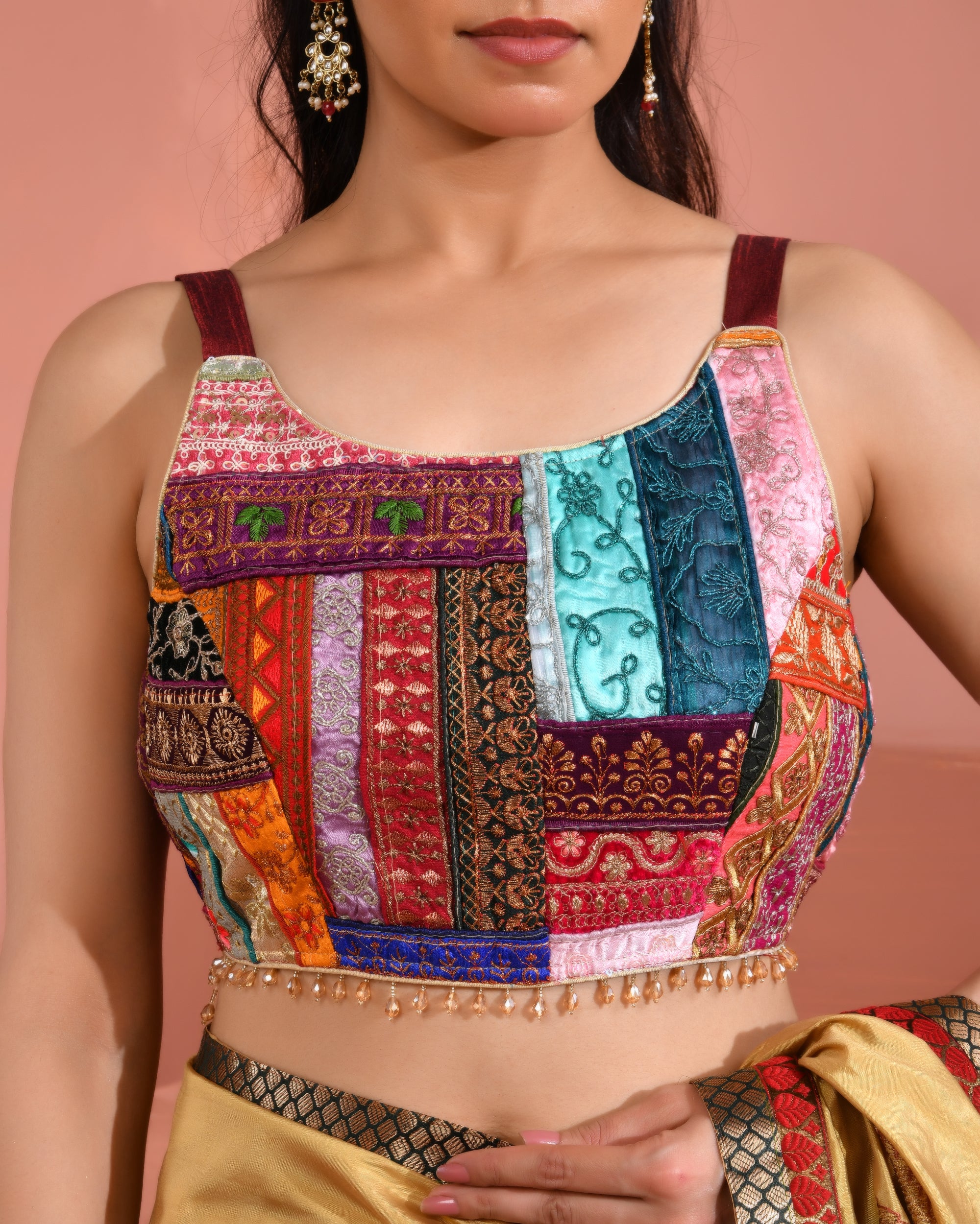Multicolored Patch Work Round Neck Silk Blouse with Lace