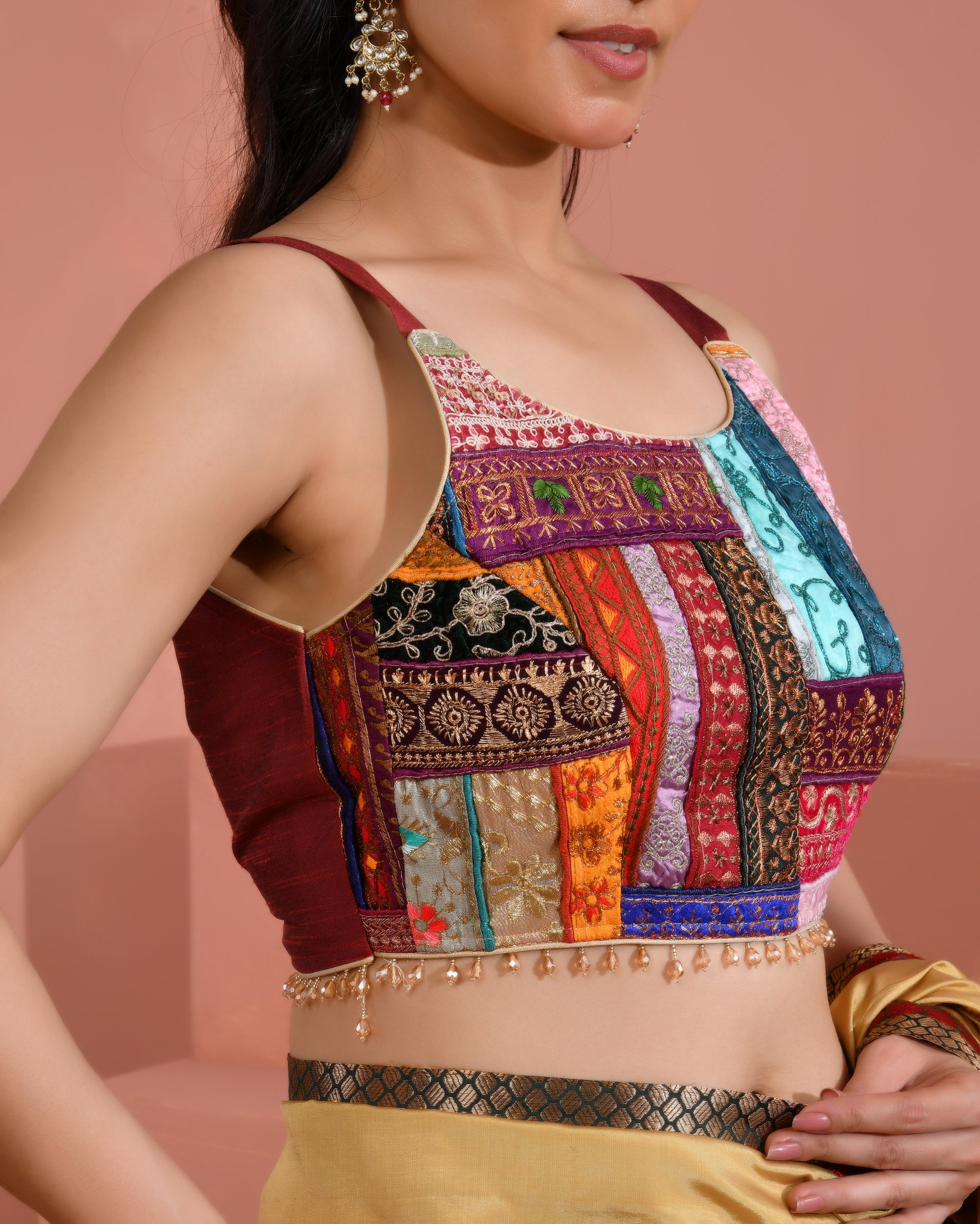 Multicolored Patch Work Round Neck Silk Blouse with Lace